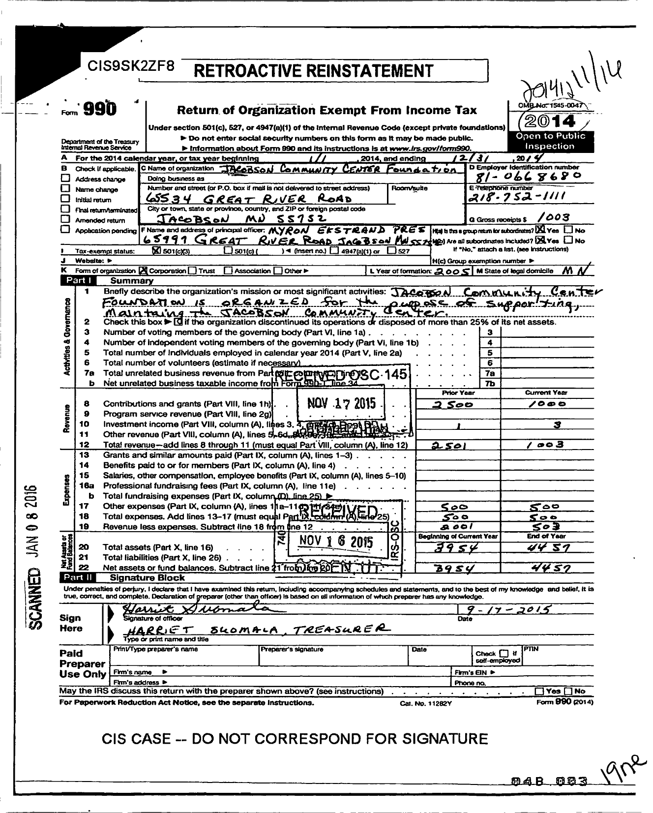 Image of first page of 2014 Form 990 for Jacobson Community Center Foundation