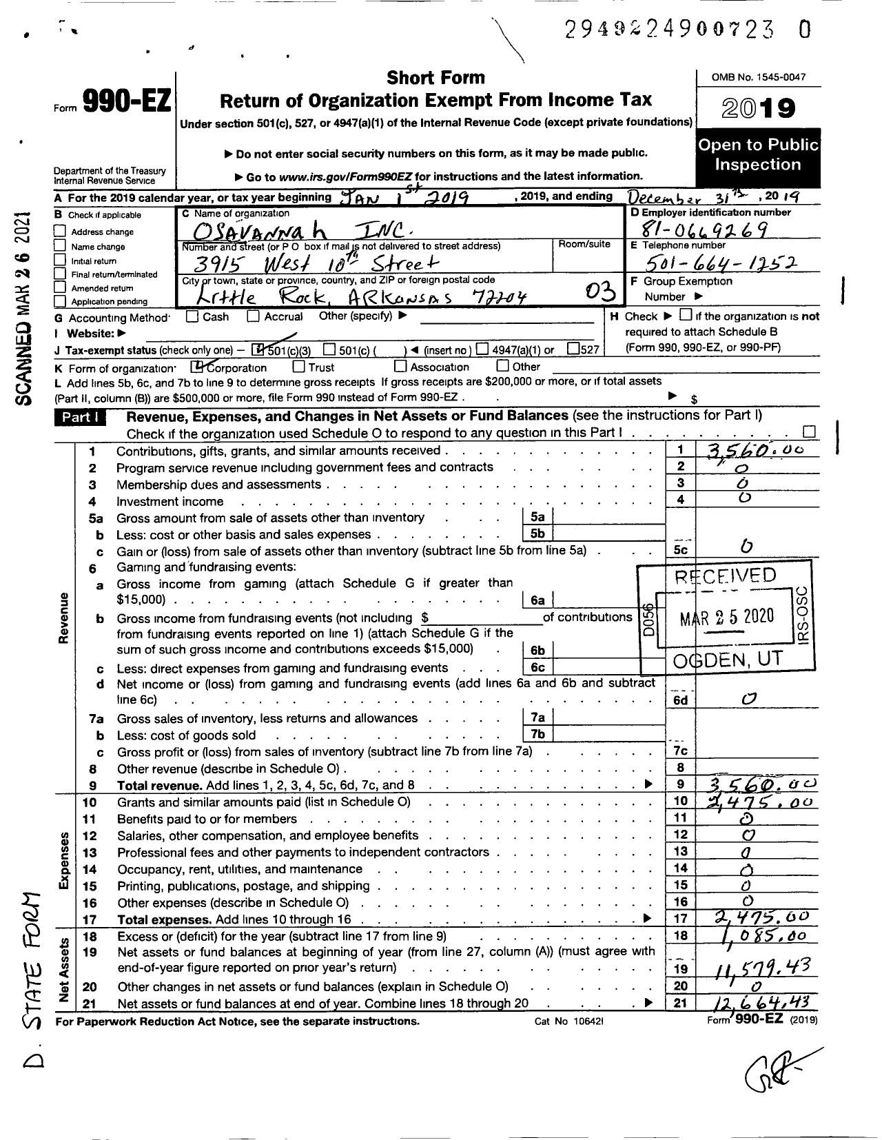 Image of first page of 2019 Form 990EZ for O Savannah