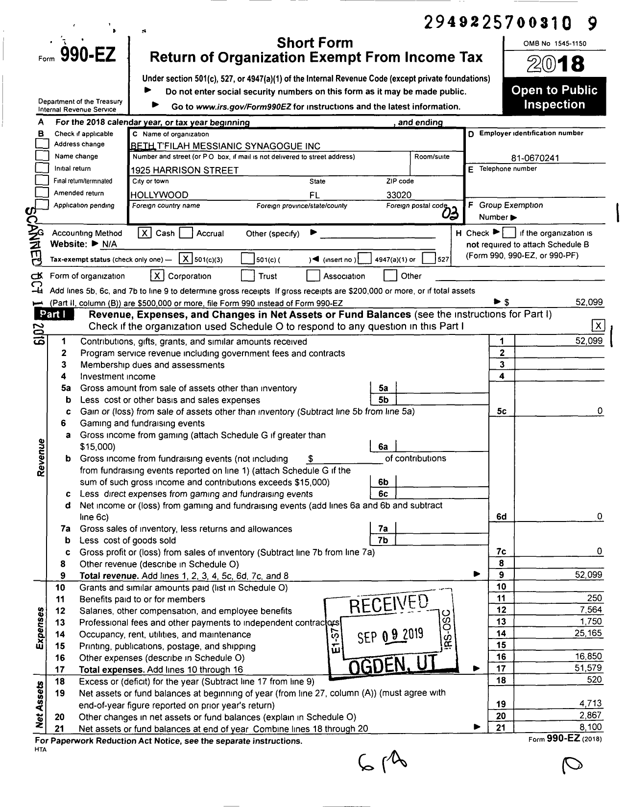 Image of first page of 2018 Form 990EZ for Beth Tfilah Messianic Synagogue