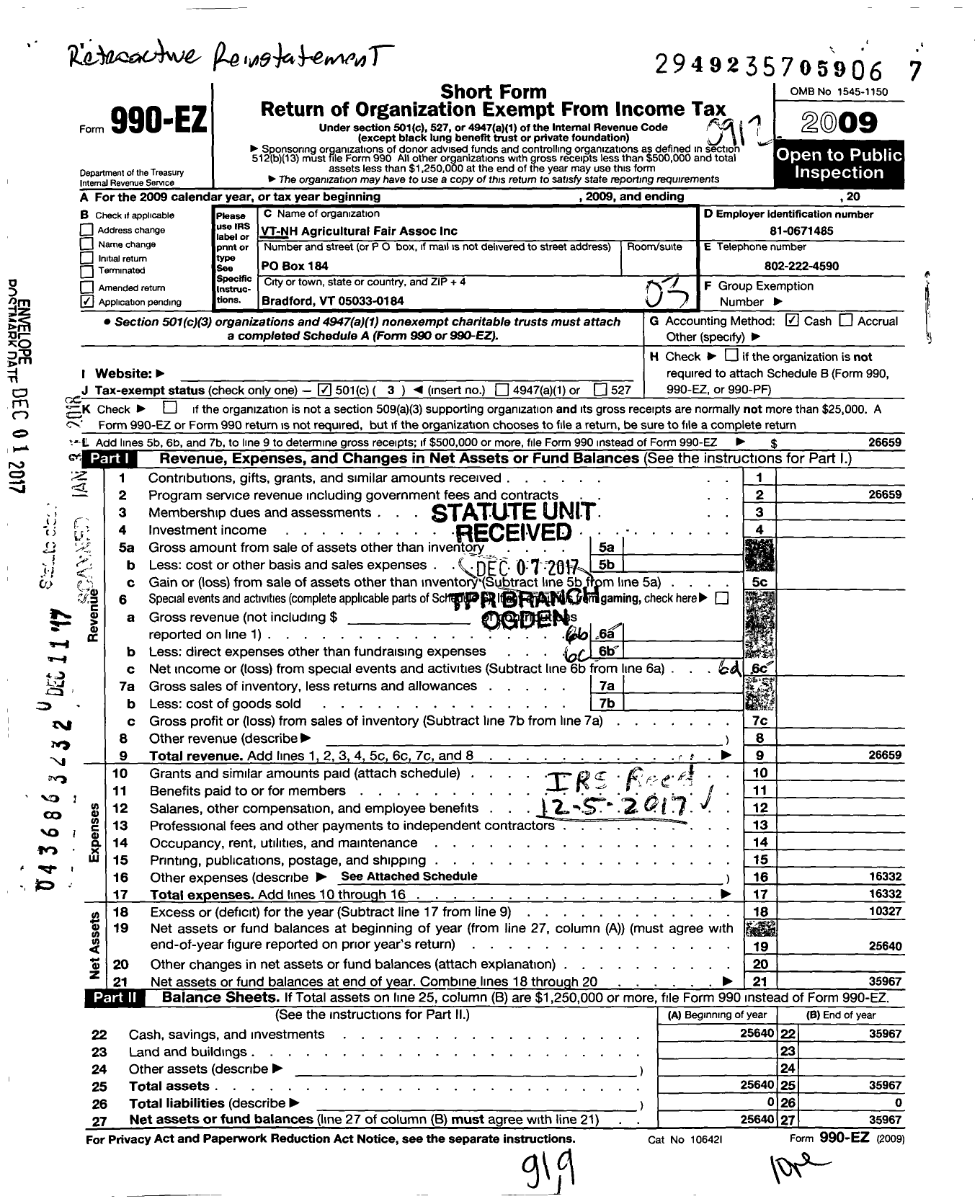 Image of first page of 2009 Form 990EZ for VT-NH Agricultural Fair Association