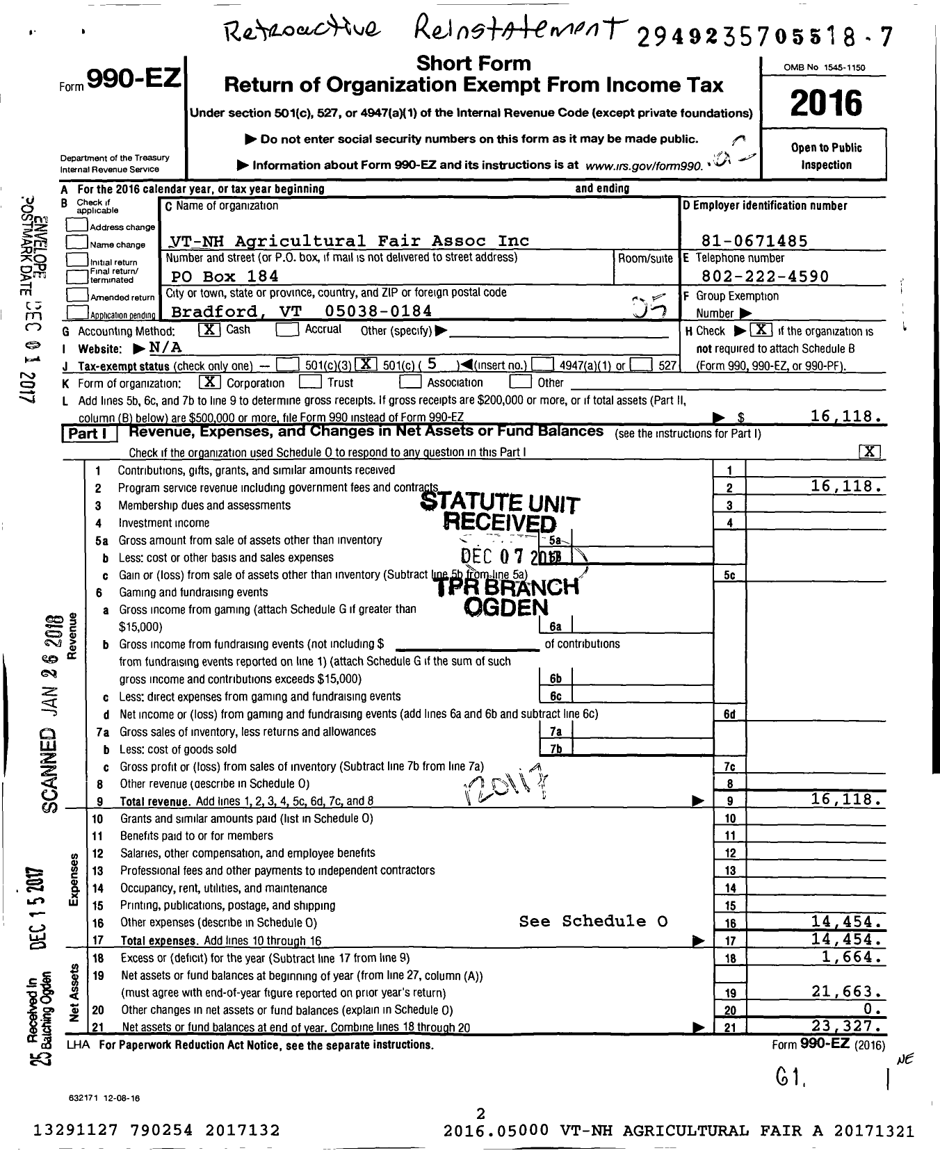 Image of first page of 2016 Form 990EO for VT-NH Agricultural Fair Association