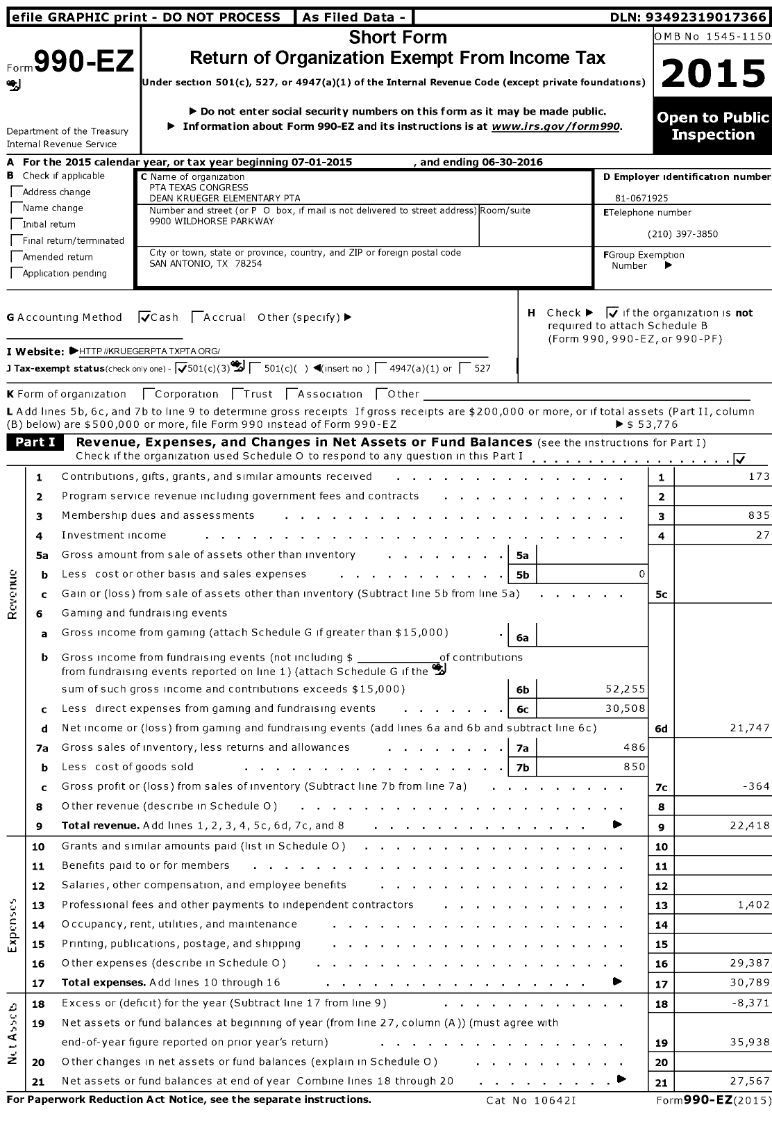 Image of first page of 2015 Form 990EZ for Texas PTA - Dean Krueger Elementary