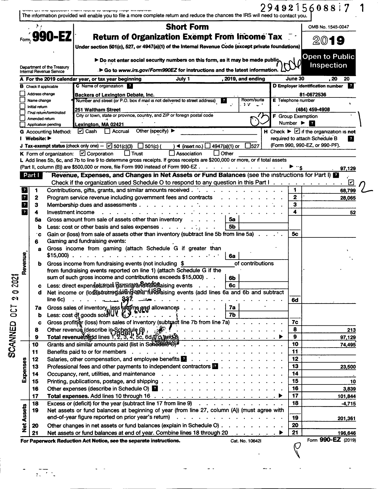 Image of first page of 2019 Form 990EZ for Backers of Lexington Debate