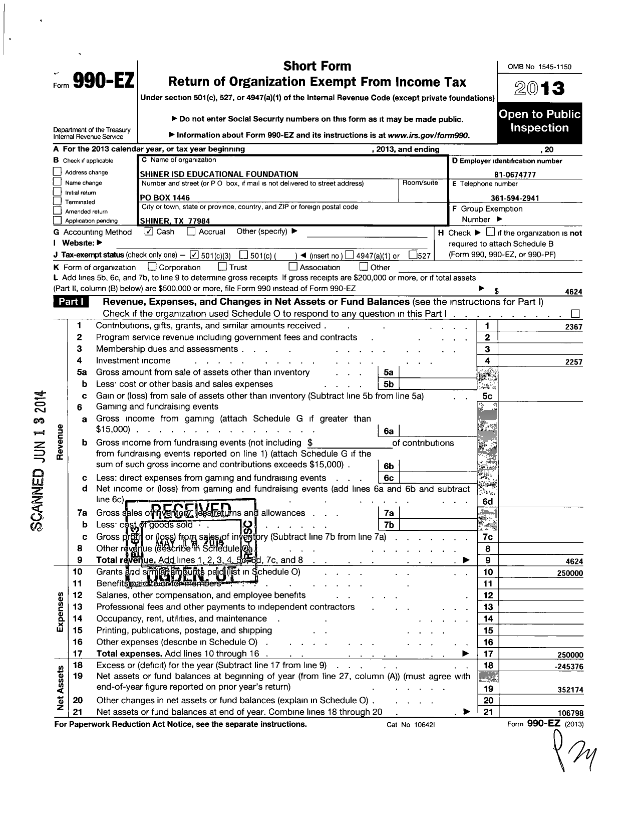 Image of first page of 2013 Form 990EZ for Shiner Isd Educational Foundation