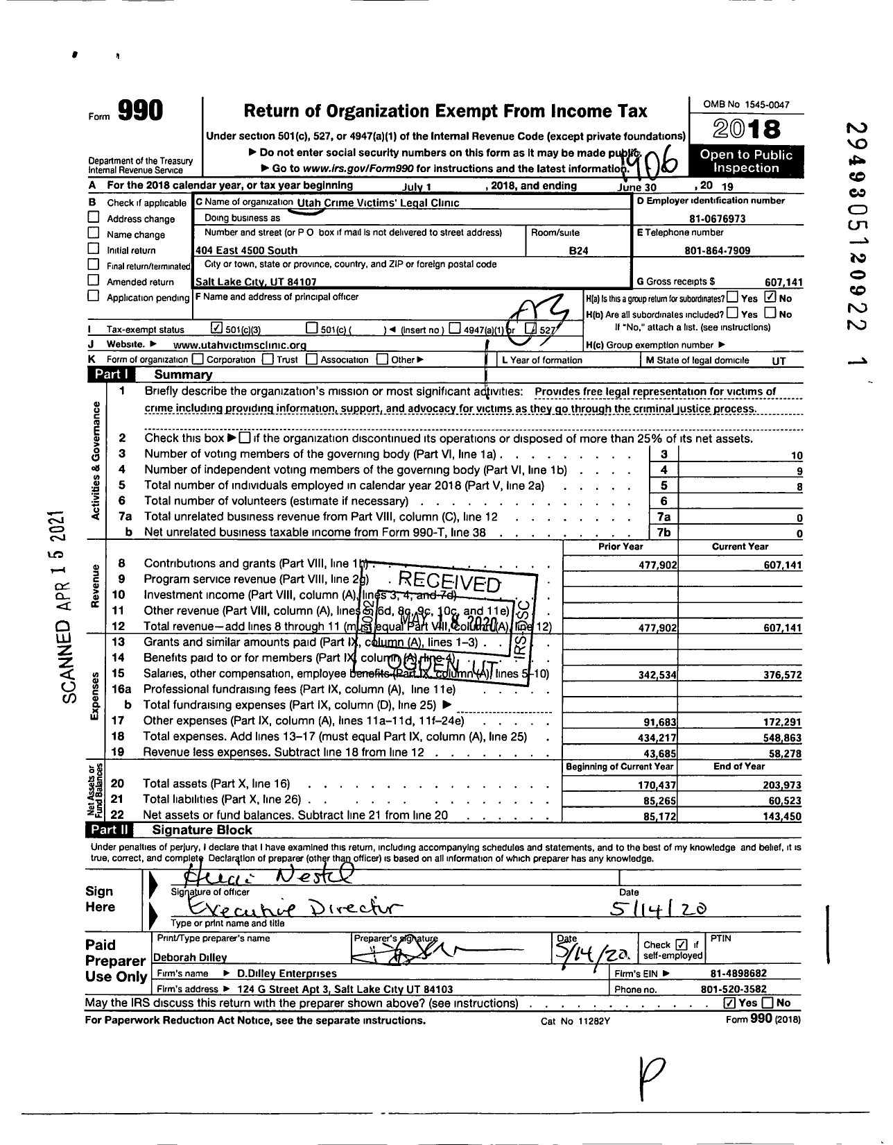 Image of first page of 2018 Form 990 for Utah Crime Victim Legal Clinic