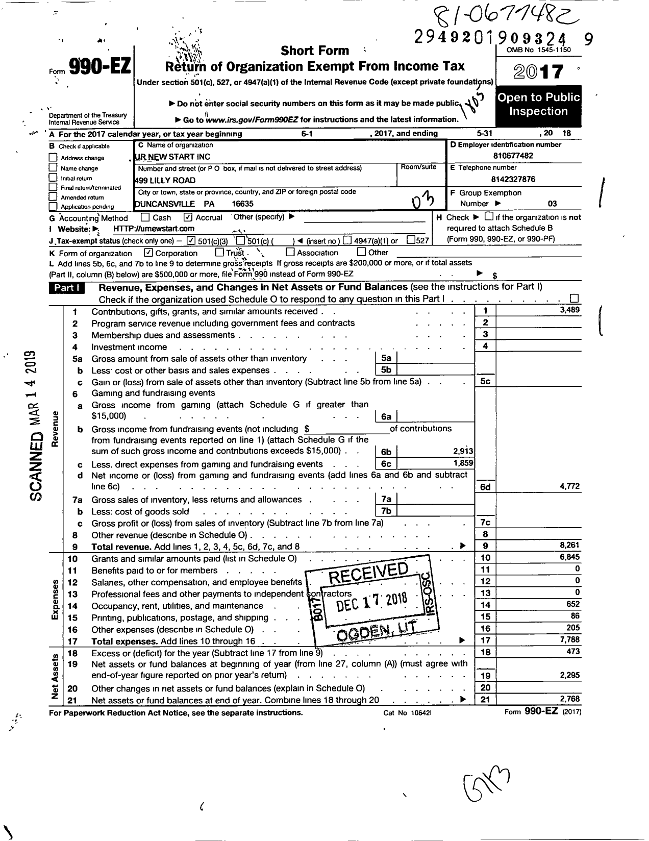 Image of first page of 2017 Form 990EZ for Ur New Start