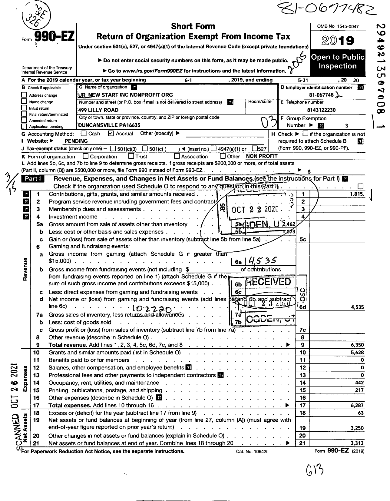 Image of first page of 2019 Form 990EZ for Ur New Start