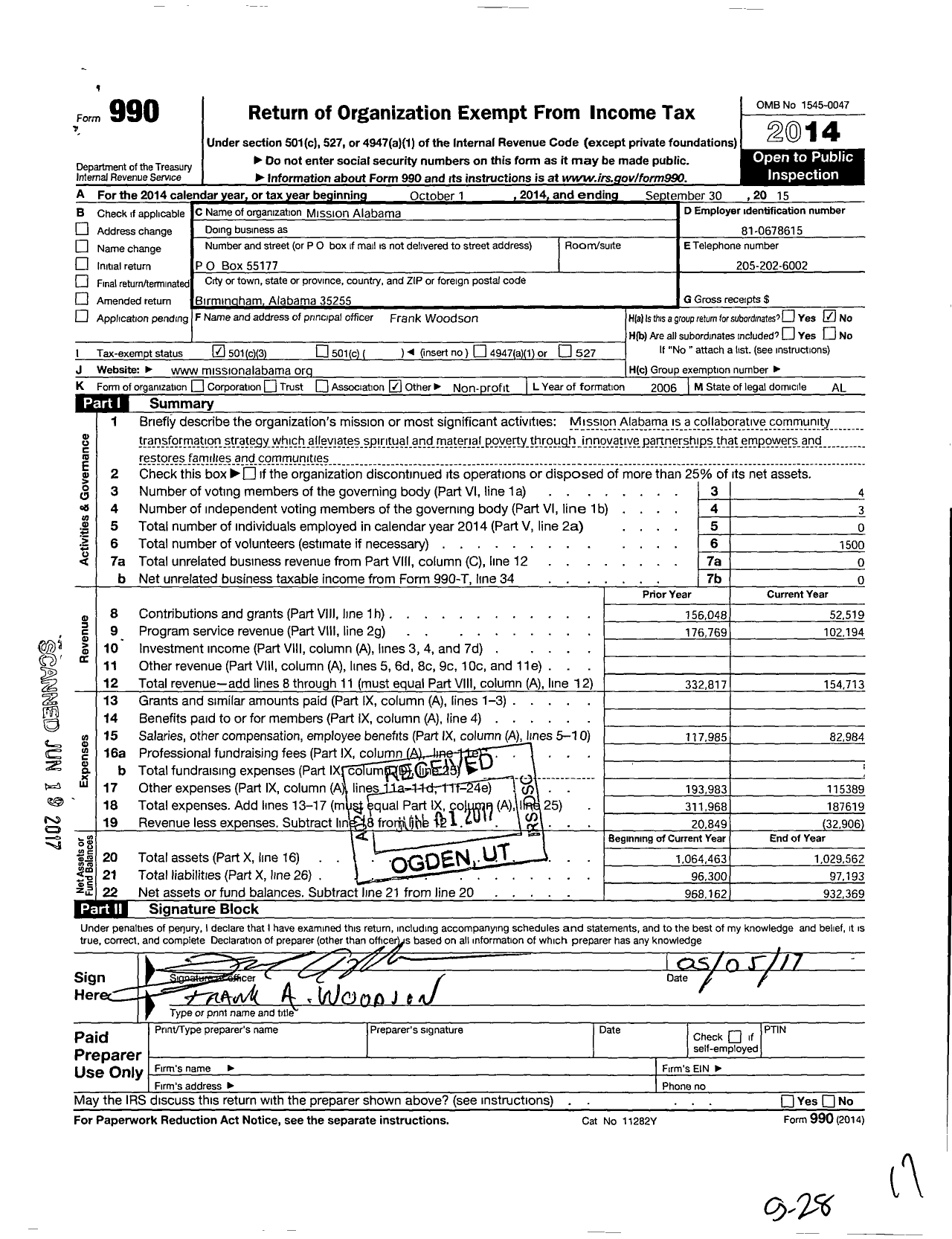 Image of first page of 2014 Form 990 for Mission Alabama
