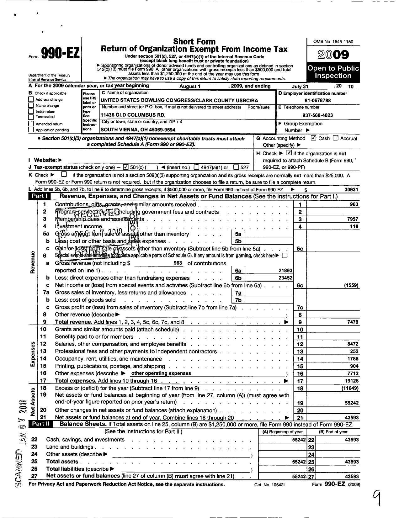 Image of first page of 2009 Form 990EO for United States Bowling Congress - 86672 Springfield Clark County Usbc