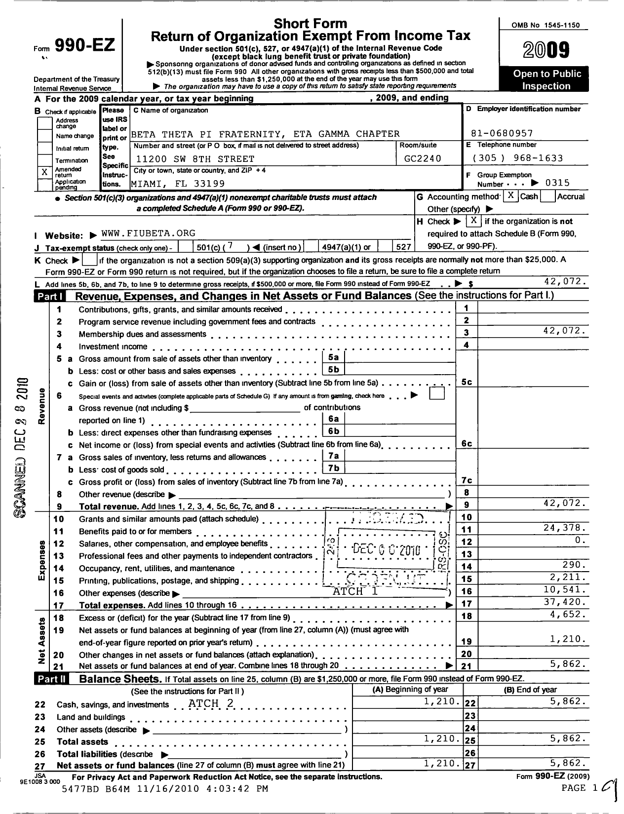 Image of first page of 2009 Form 990EO for Beta Theta Pi Fraternity - Beta Theta Pi at Florida Internatio