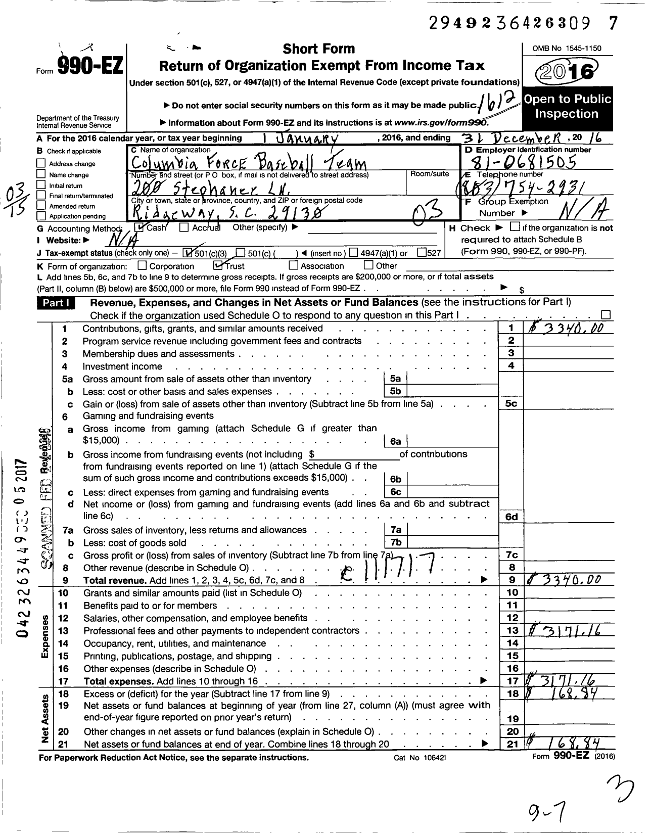 Image of first page of 2016 Form 990EZ for Columbia Force Baseball Team