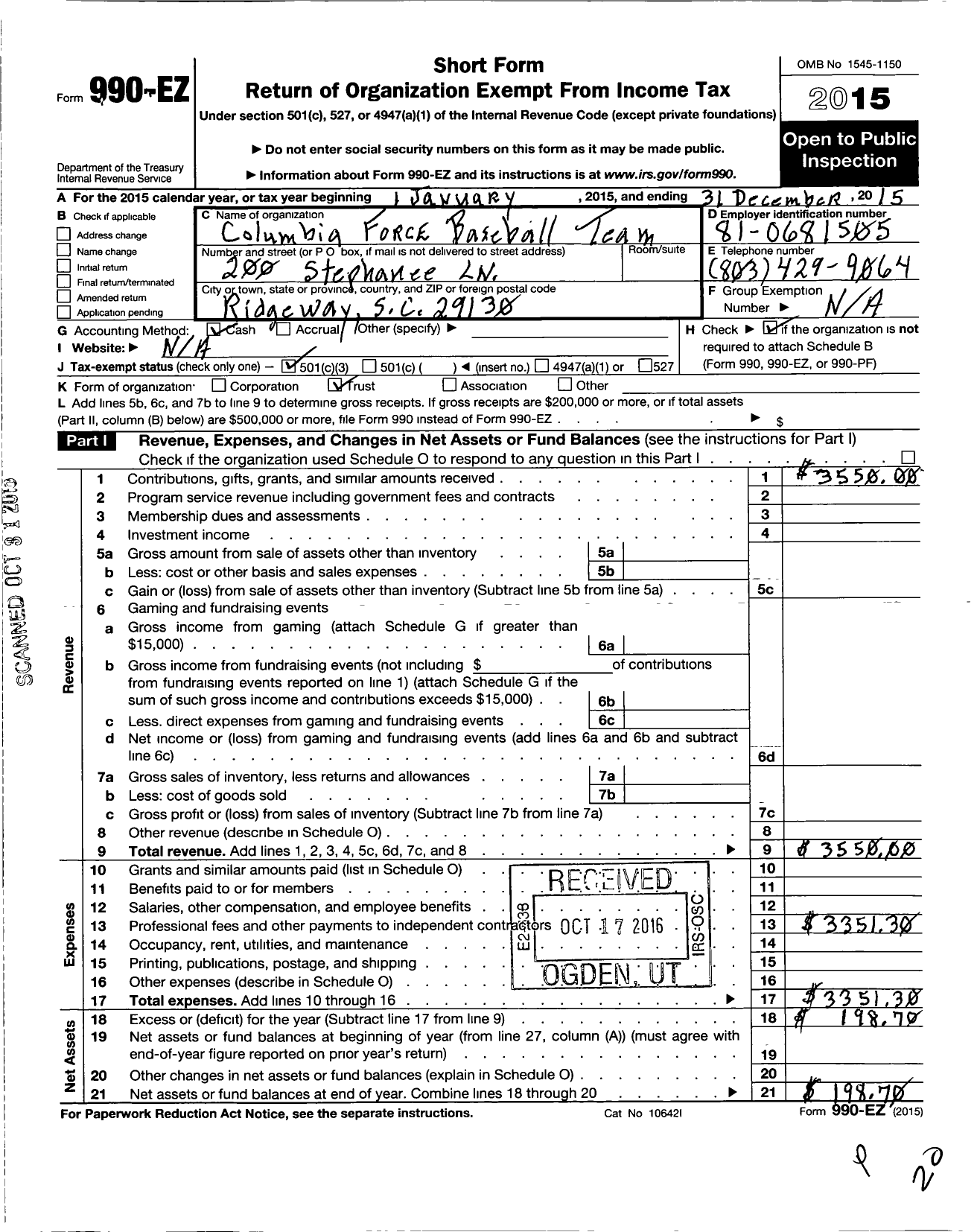 Image of first page of 2015 Form 990EZ for Columbia Force Baseball Team