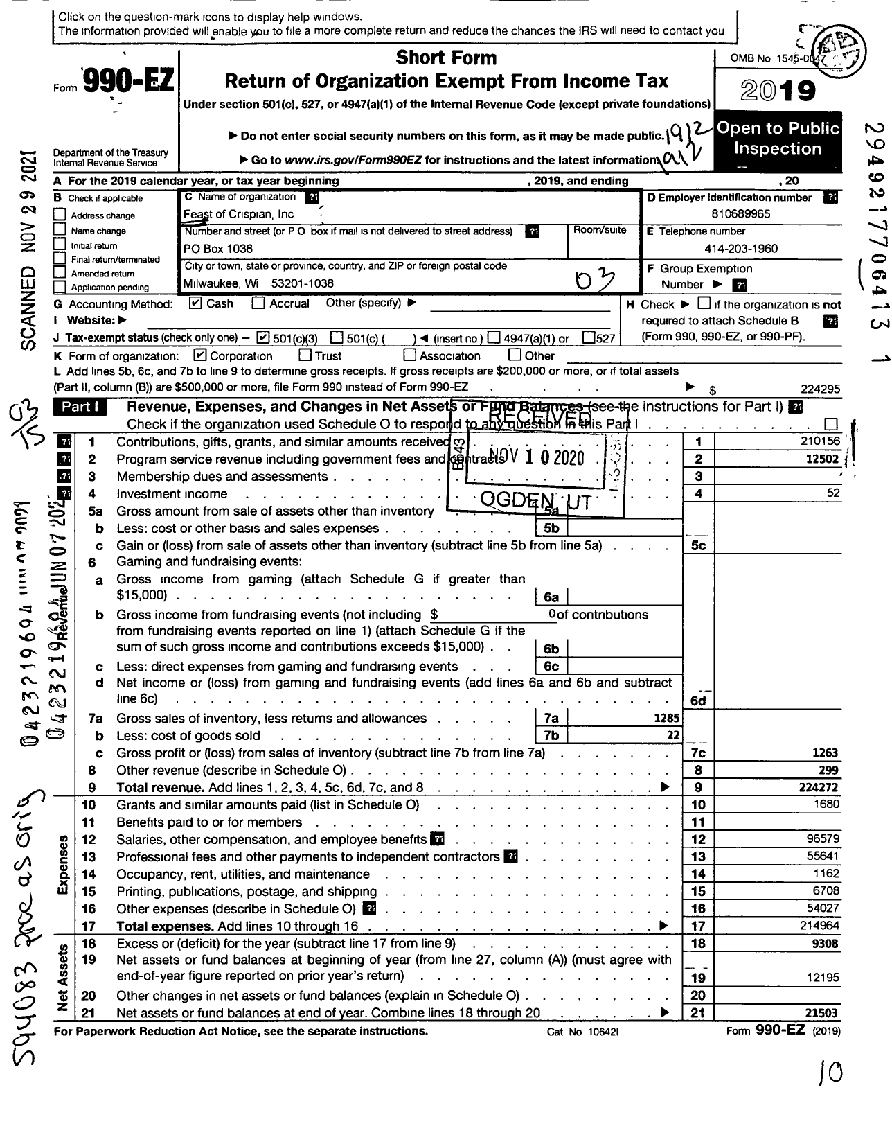 Image of first page of 2019 Form 990EZ for Feast of Crispian