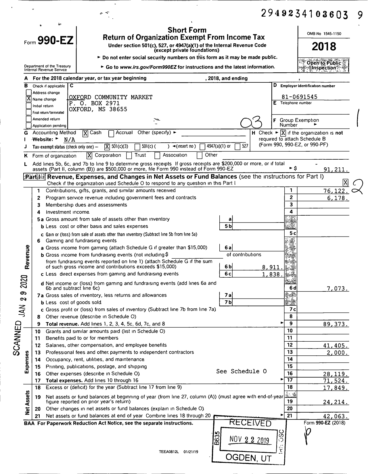 Image of first page of 2018 Form 990EZ for Oxford Community Market