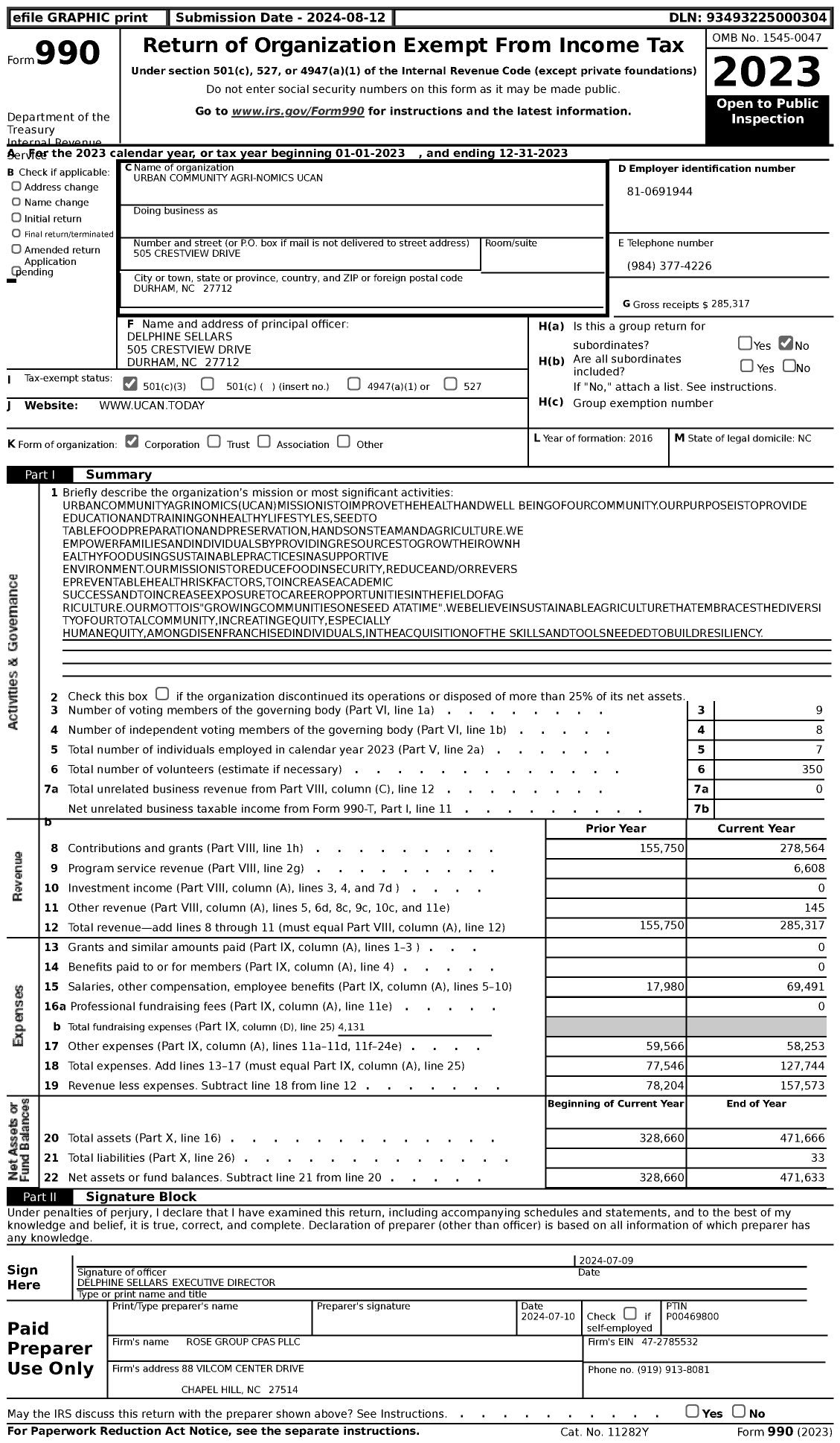 Image of first page of 2023 Form 990 for Urban Community Agri-Nomics (UCAN)