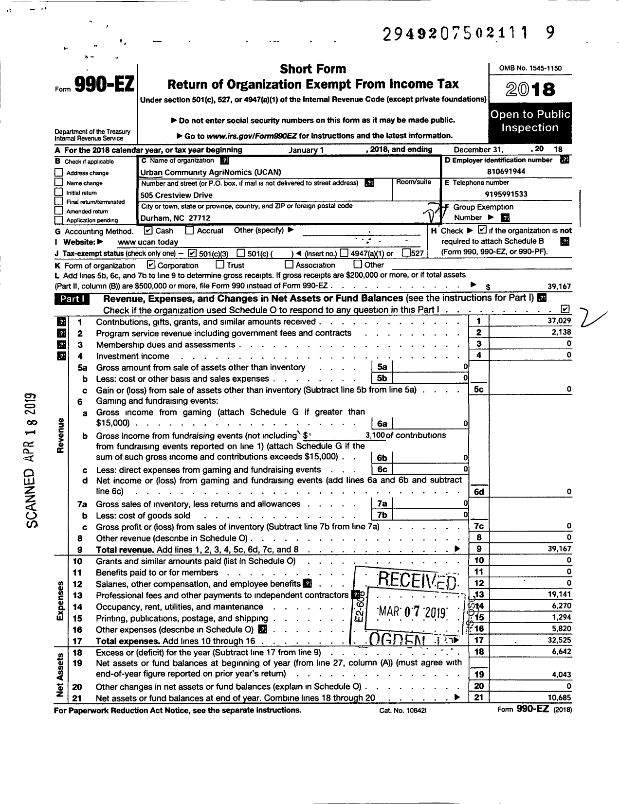 Image of first page of 2018 Form 990EZ for Urban Community Agri-Nomics (UCAN)