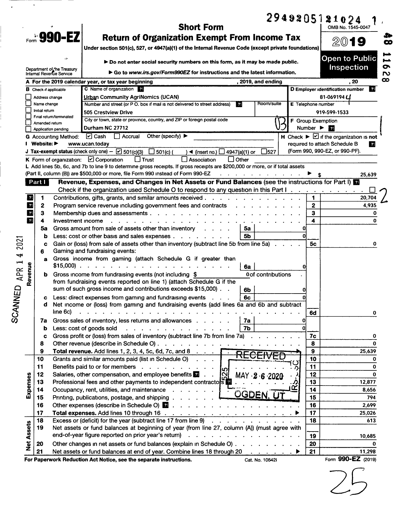 Image of first page of 2019 Form 990EZ for Urban Community Agri-Nomics (UCAN)