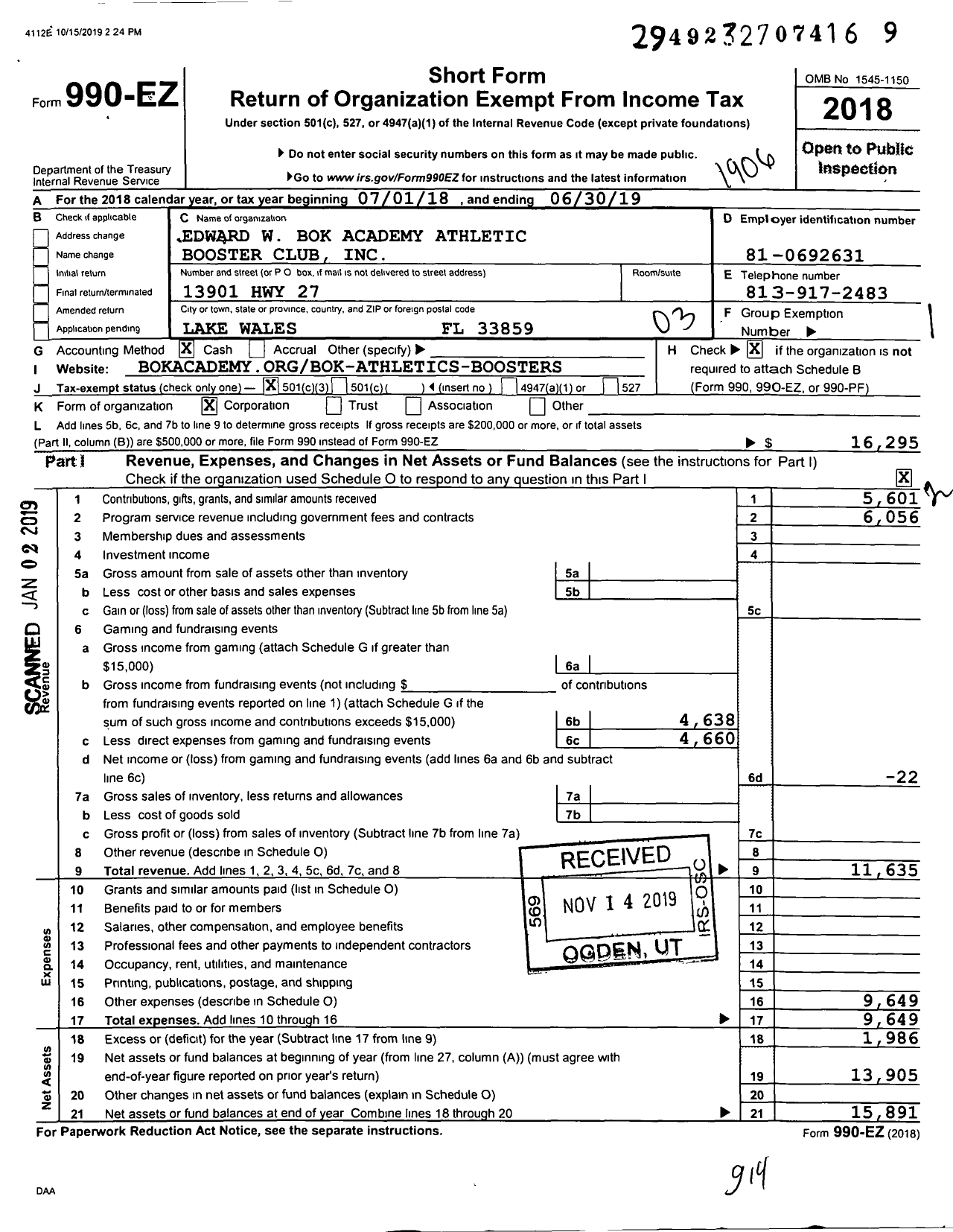 Image of first page of 2018 Form 990EZ for Edward W Bok Academy Athletic Booster Club