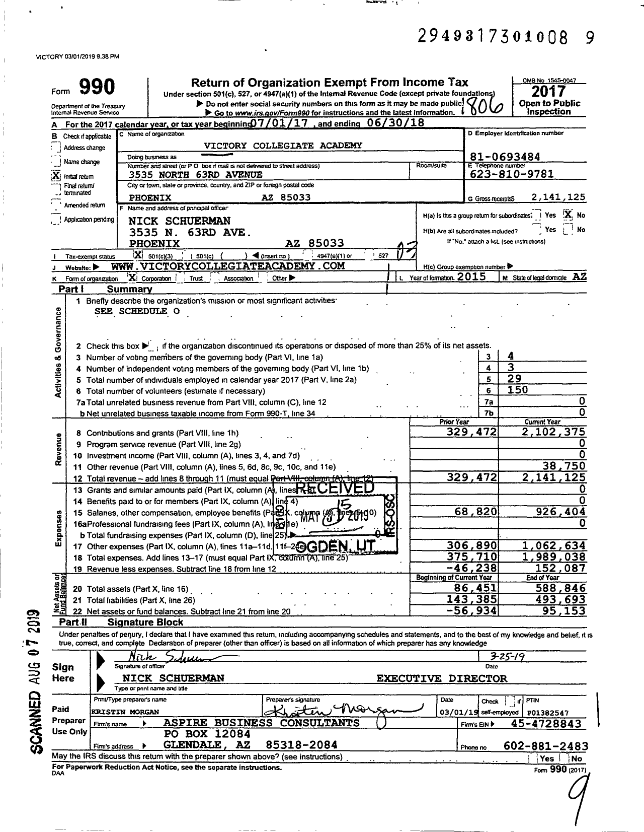 Image of first page of 2017 Form 990 for Victory Collegiate Academy