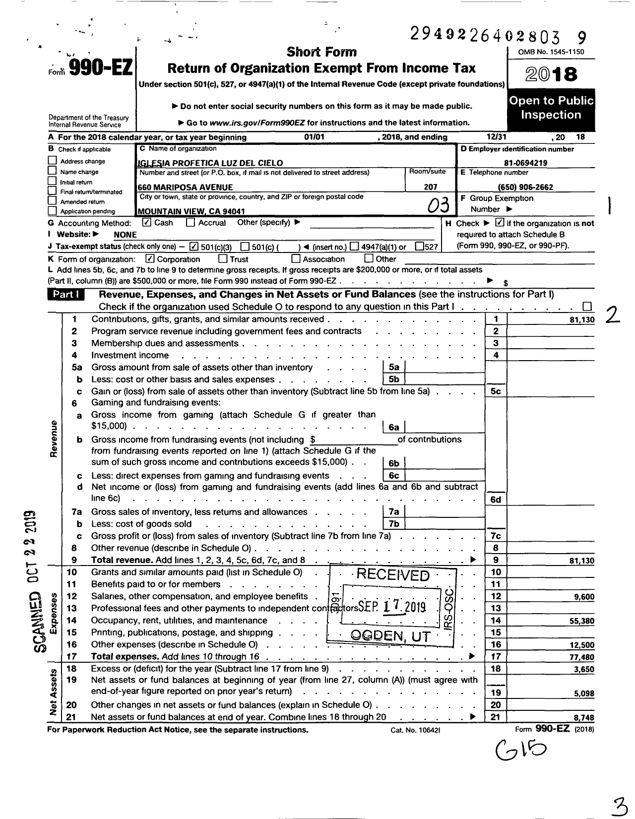 Image of first page of 2018 Form 990EZ for Iglesia Profetica Luz Del Cielo