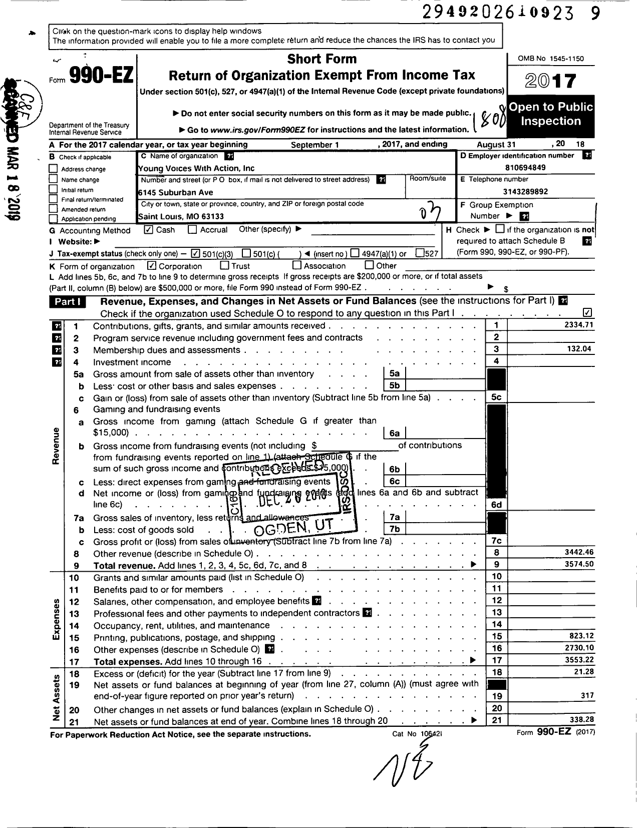 Image of first page of 2017 Form 990EZ for Young Voices With Action (YVWA)