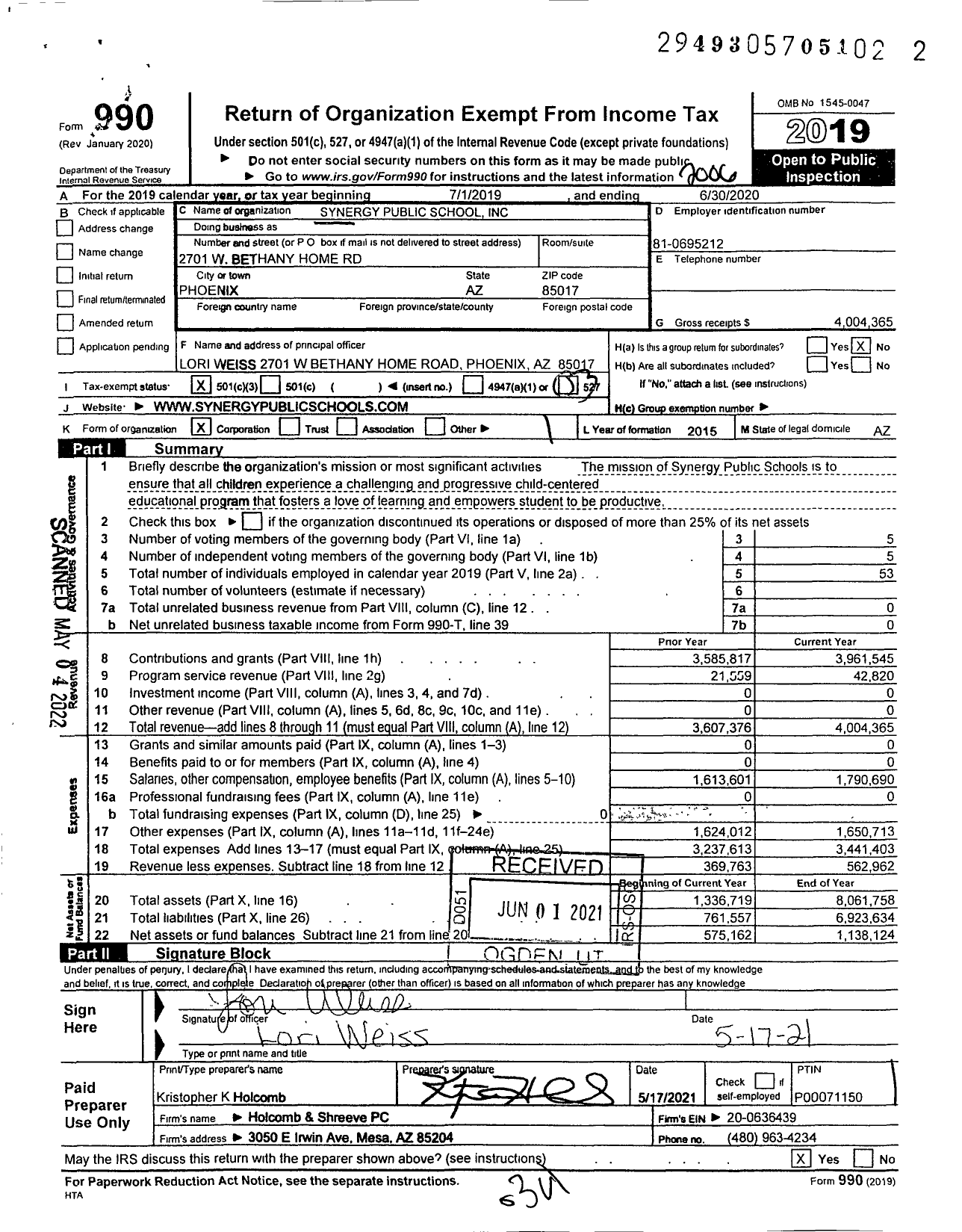 Image of first page of 2019 Form 990 for Synergy Public School