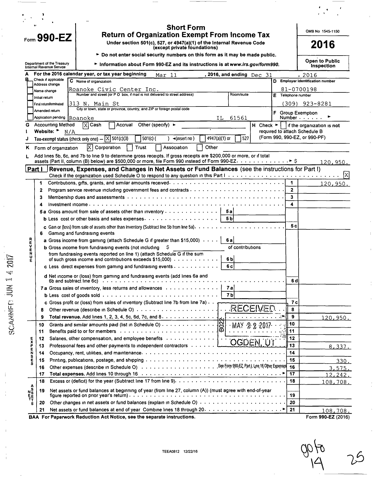 Image of first page of 2016 Form 990EZ for Roanoke Civic Center