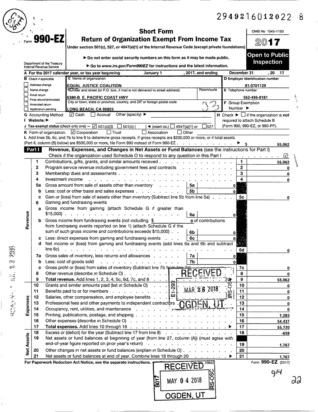 Image of first page of 2017 Form 990EZ for Equal Justice Coalition