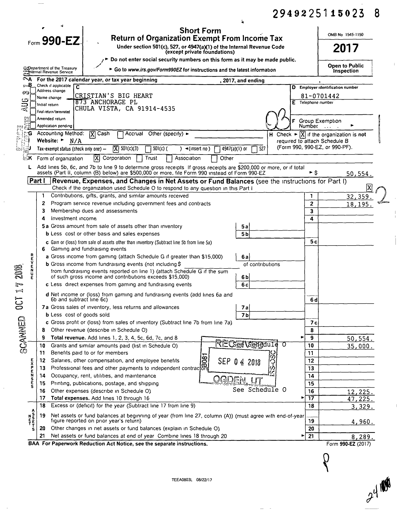 Image of first page of 2017 Form 990EZ for Cristian's Big Heart