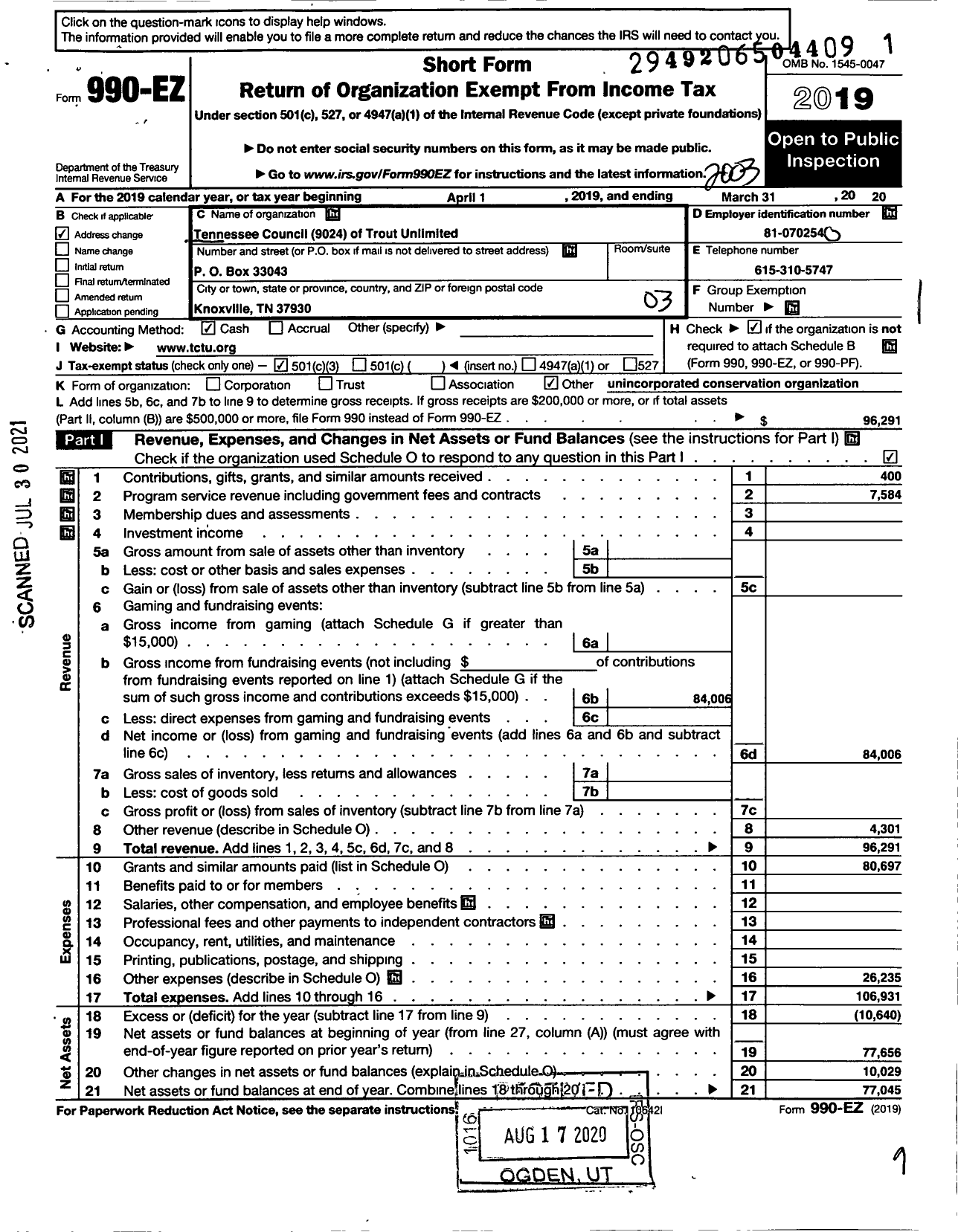 Image of first page of 2019 Form 990EZ for Trout Unlimited - Tennessee Council