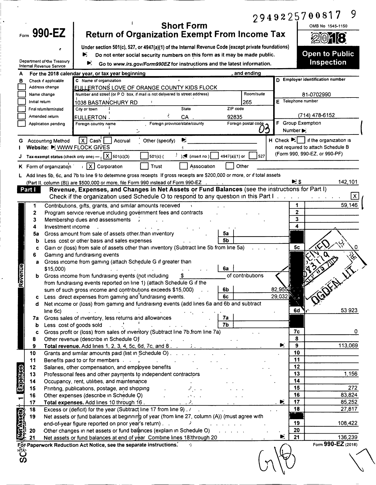 Image of first page of 2018 Form 990EZ for Fullertons Love of Orange County Kids (FLOCK)