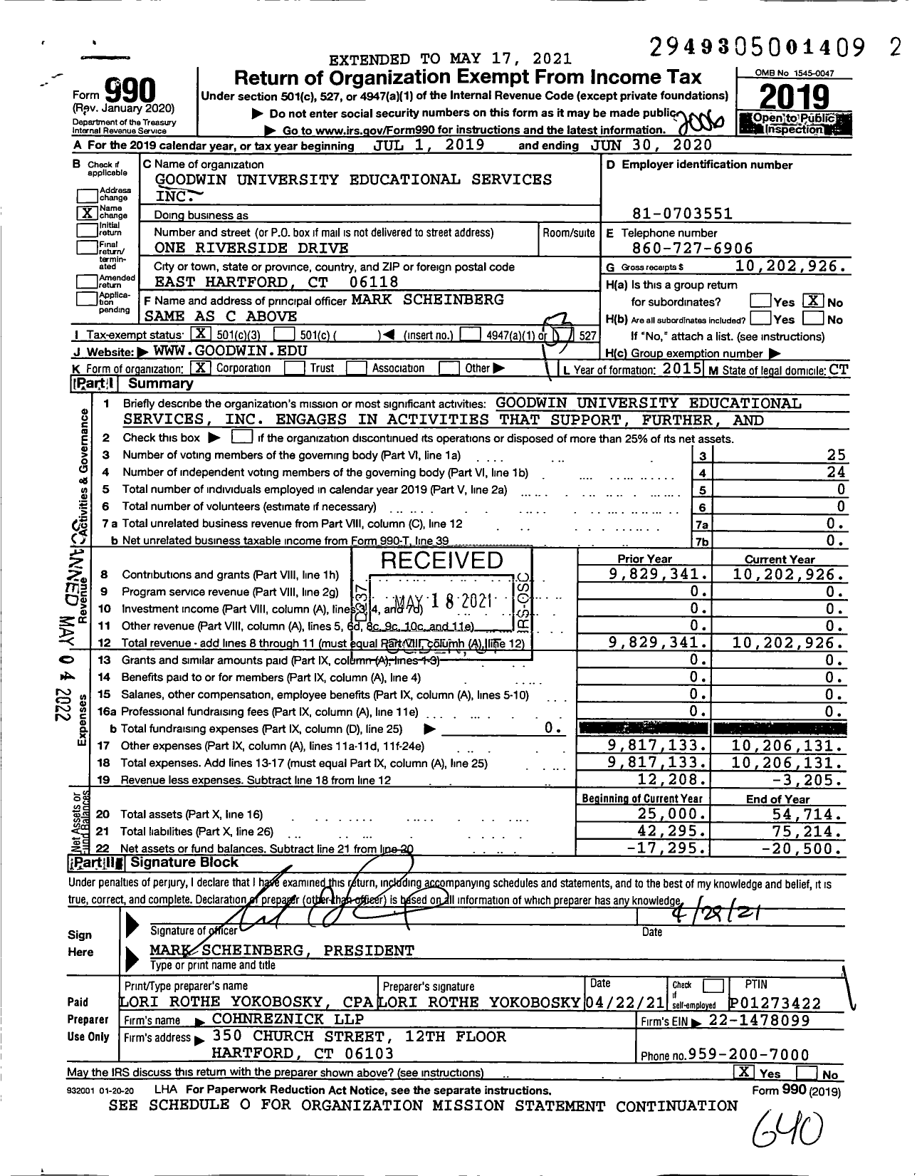 Image of first page of 2019 Form 990 for GOODWIN University EDUCATIONAL SERVICES