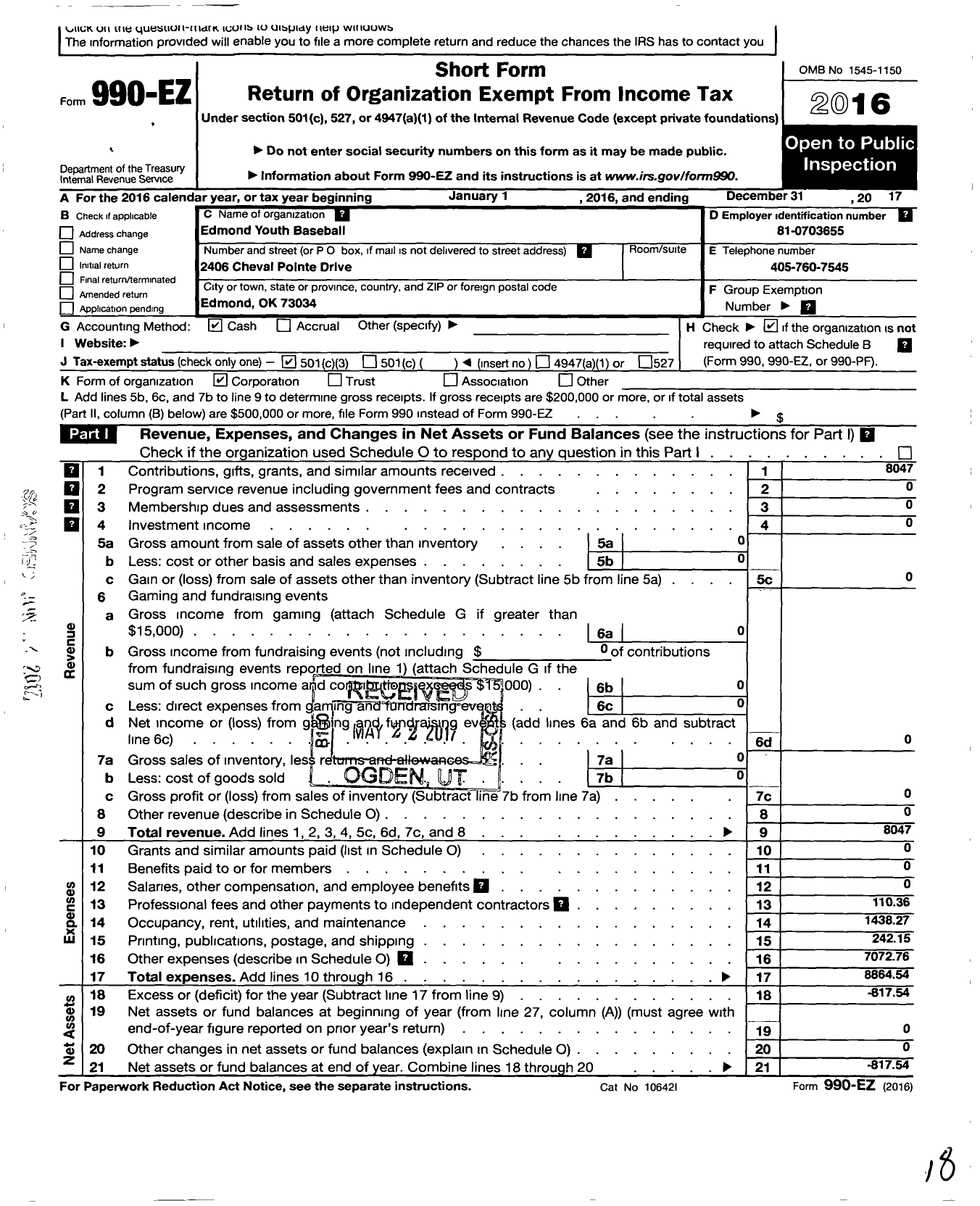 Image of first page of 2017 Form 990EZ for Edmond Youth Baseball