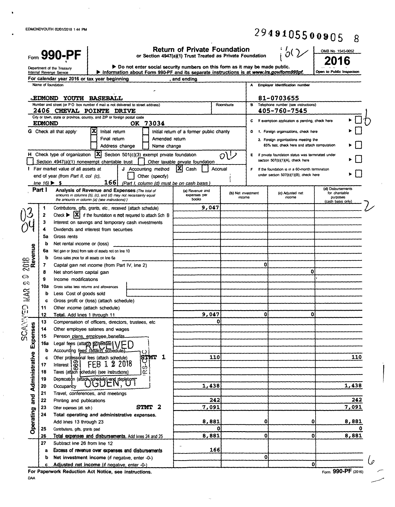 Image of first page of 2016 Form 990PF for Edmond Youth Baseball