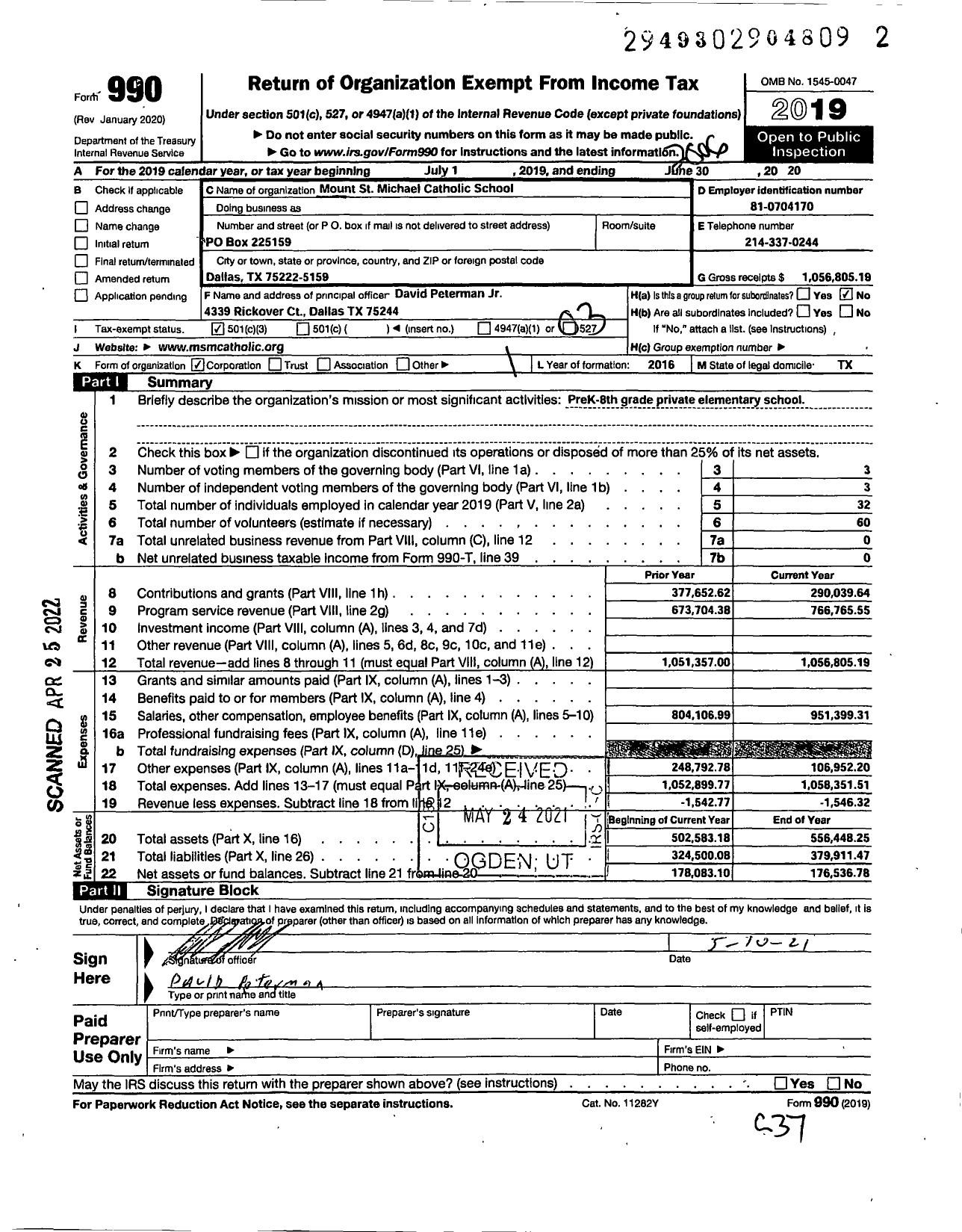 Image of first page of 2019 Form 990 for Mount St Michael Catholic School