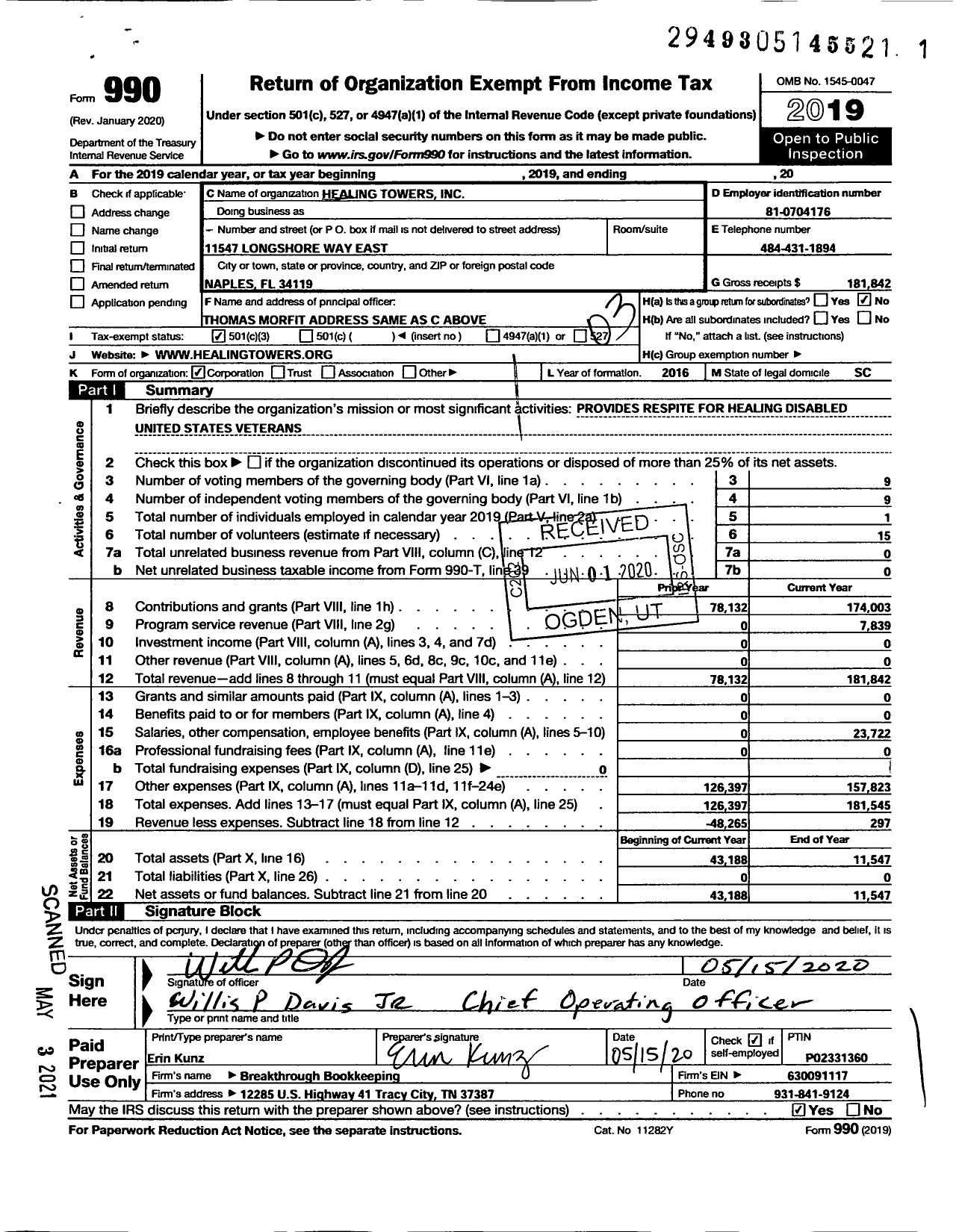 Image of first page of 2019 Form 990 for Healing Towers