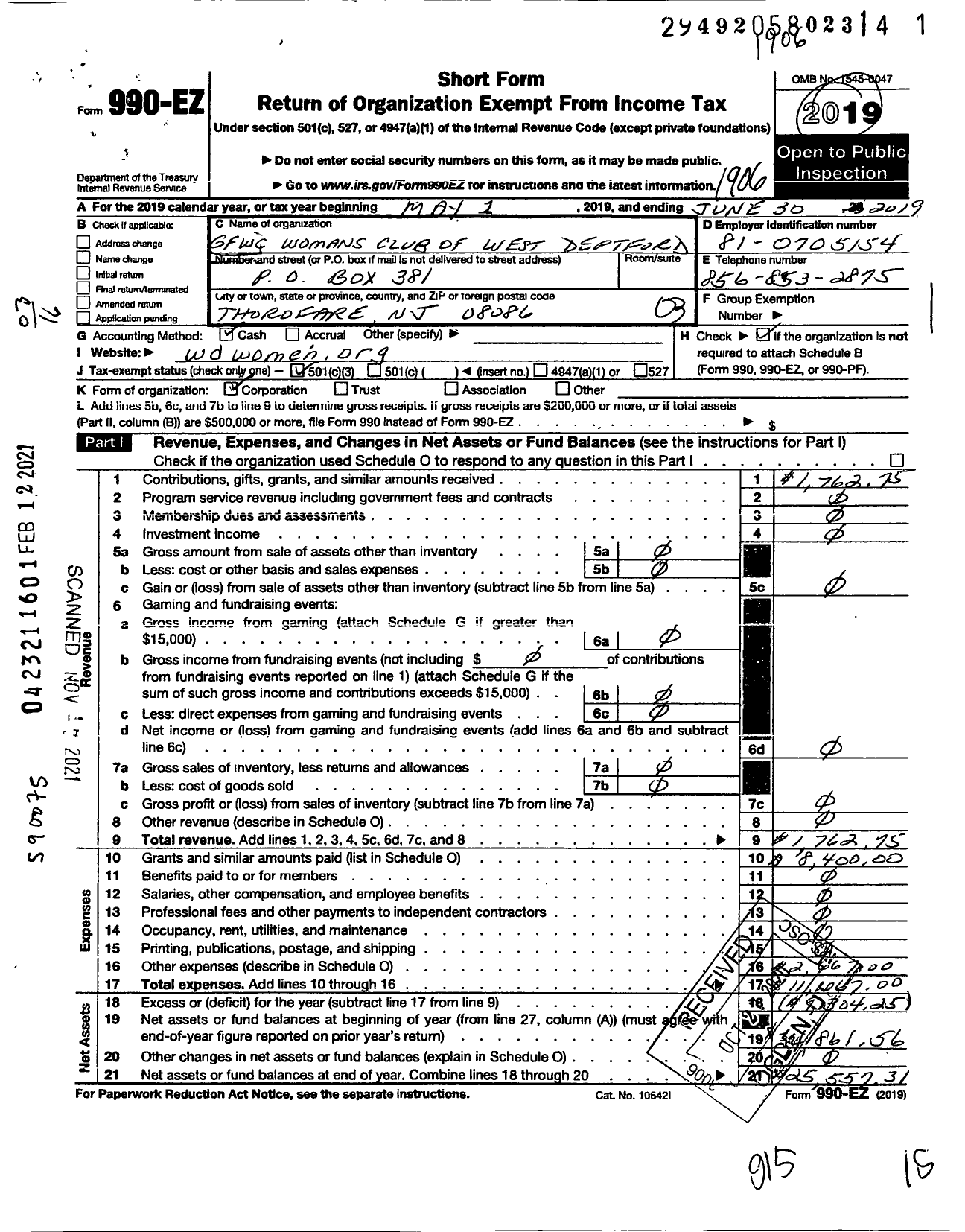 Image of first page of 2018 Form 990EZ for New Jersey State Federation of Women's Clubs - GFWC Womans Club of West Deptford