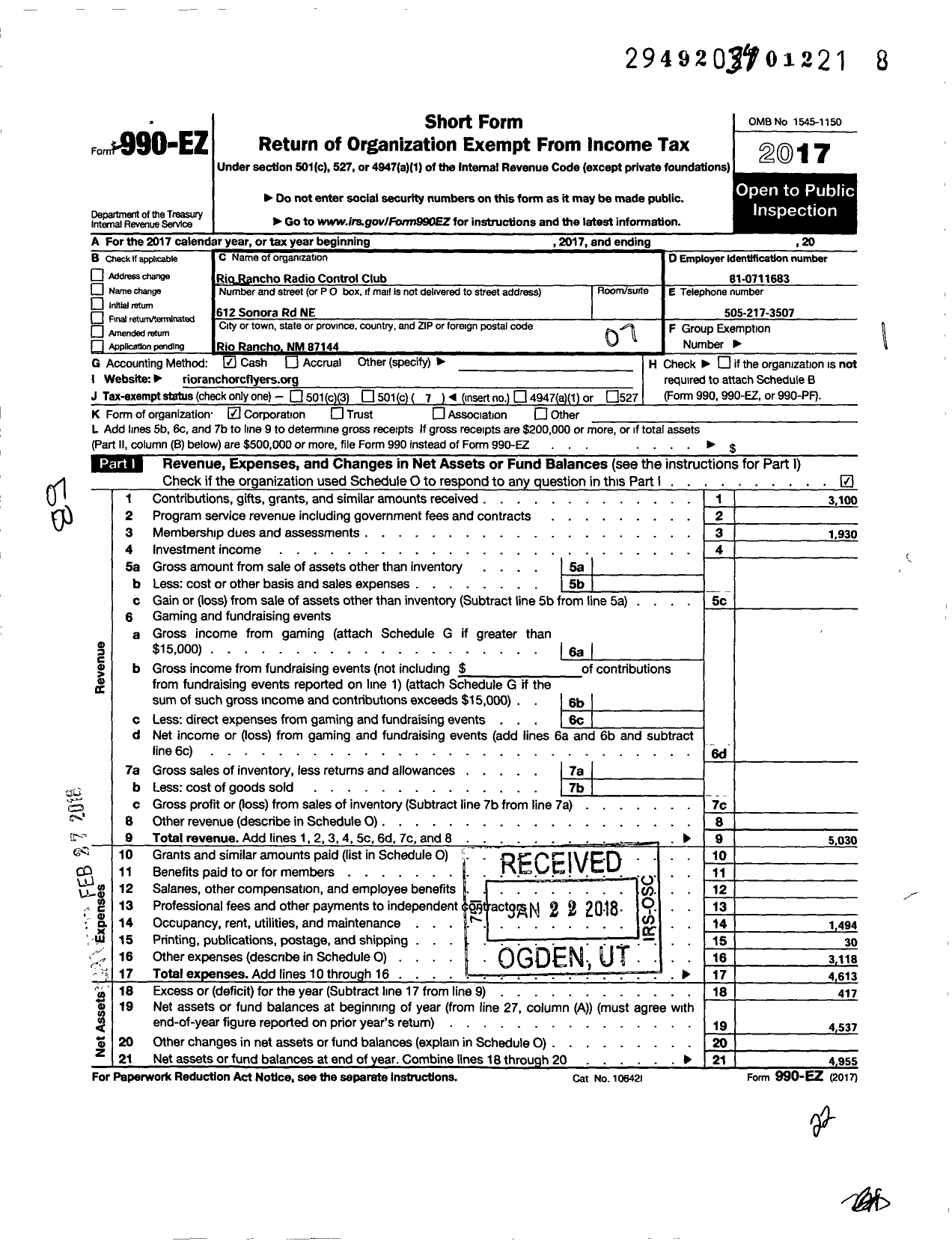 Image of first page of 2017 Form 990EO for Rio Rancho Radio Control Club