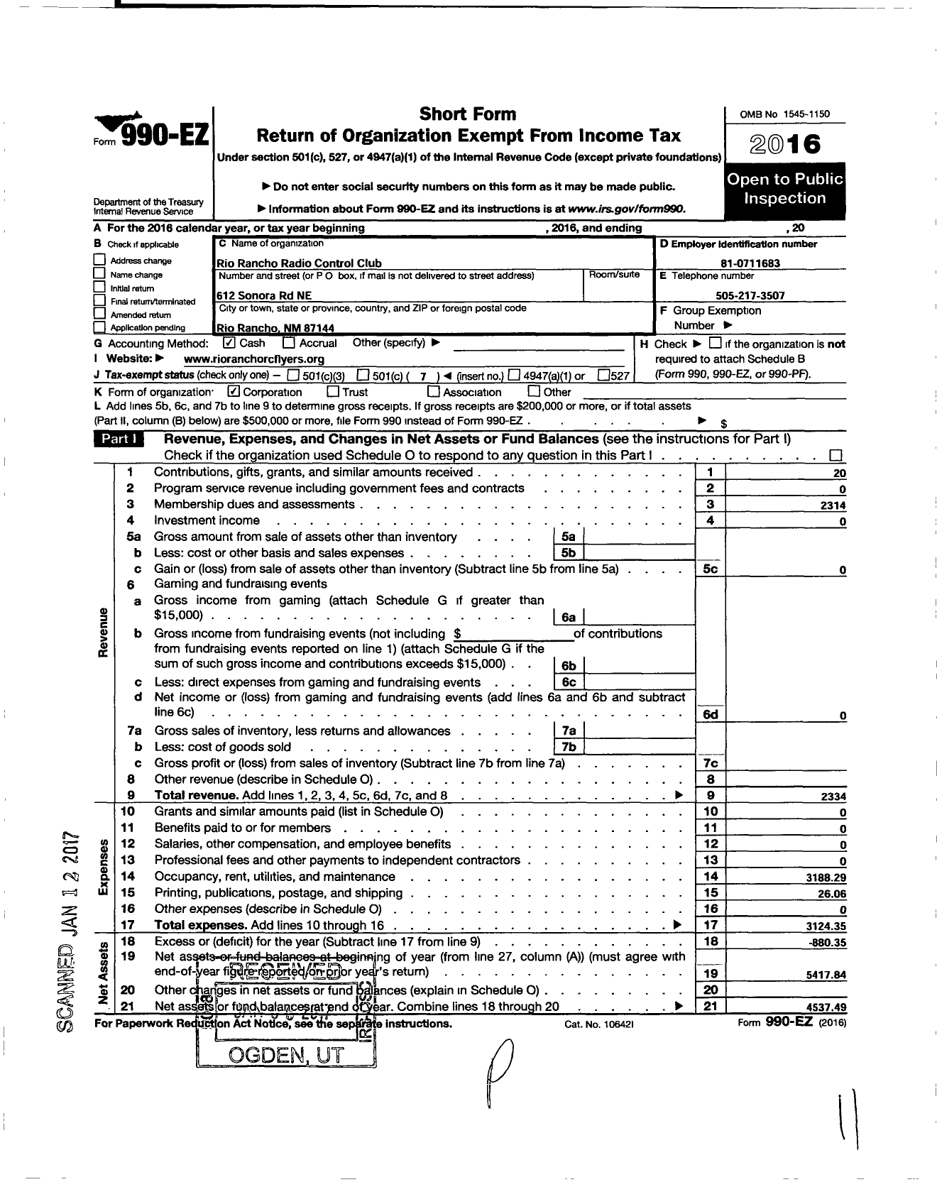 Image of first page of 2016 Form 990EO for Rio Rancho Radio Control Club