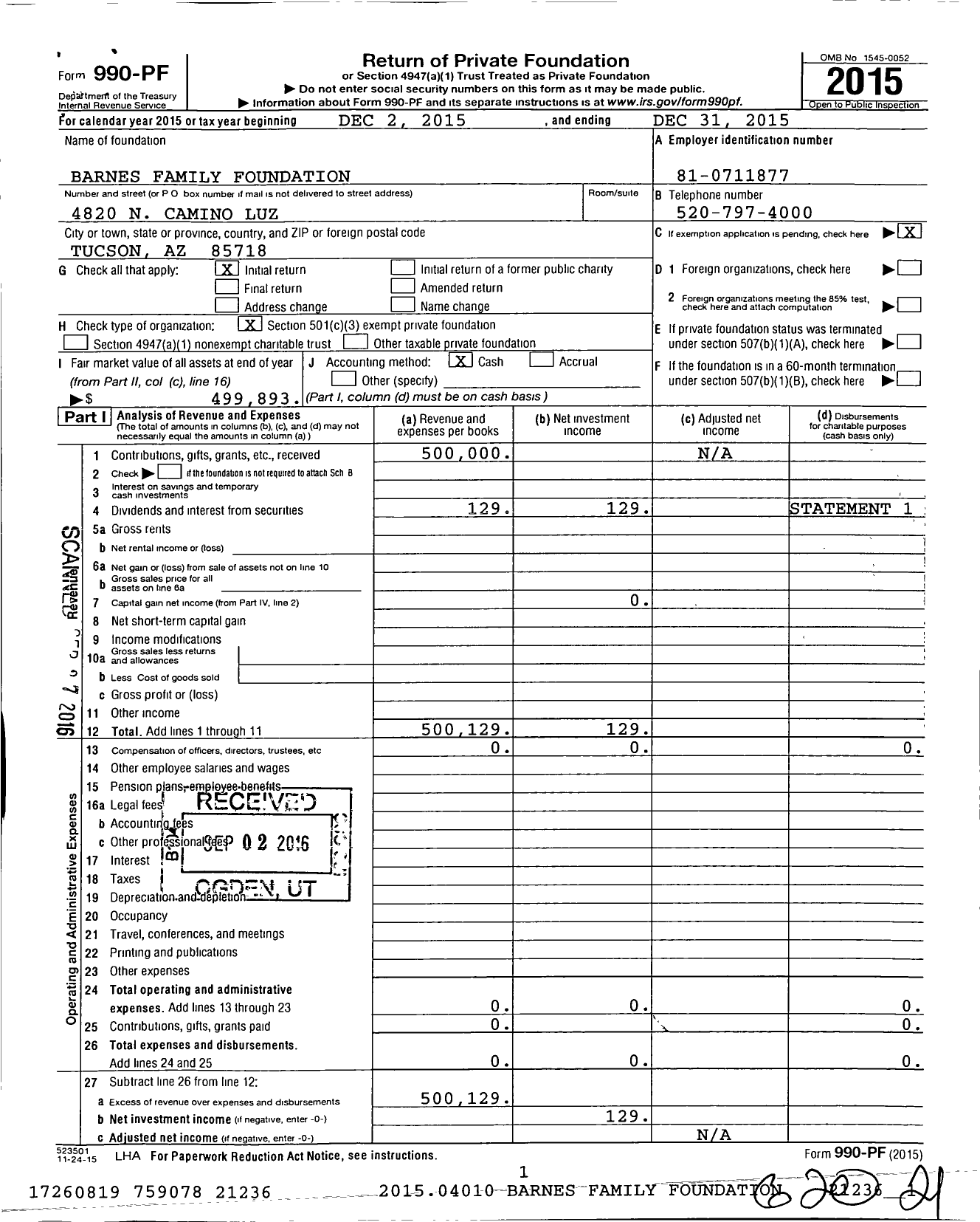 Image of first page of 2015 Form 990PF for Barnes Family Foundation