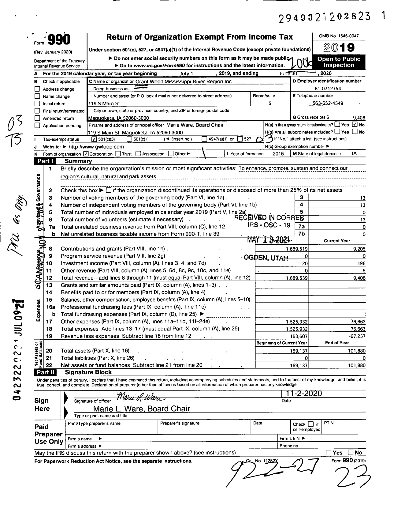 Image of first page of 2019 Form 990 for Grant Wood Mississippi River Region