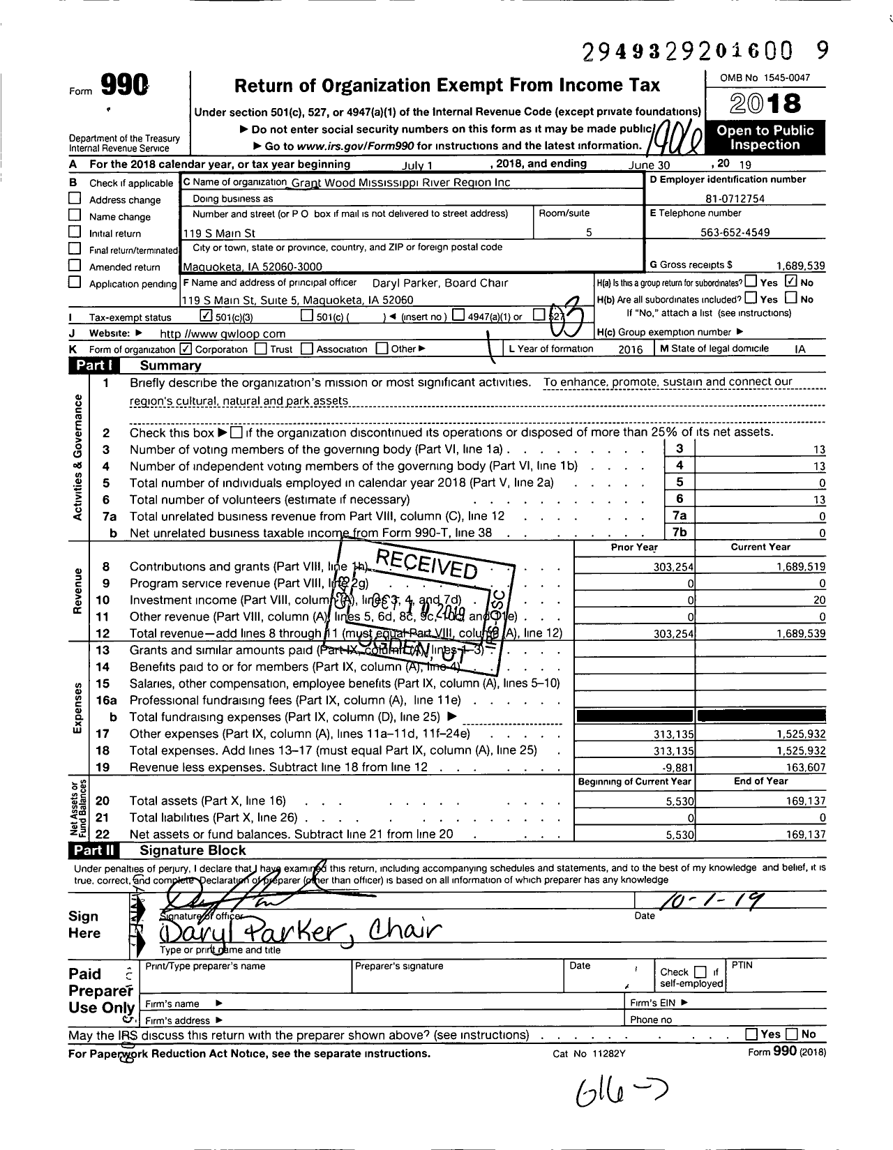 Image of first page of 2018 Form 990 for Grant Wood Mississippi River Region