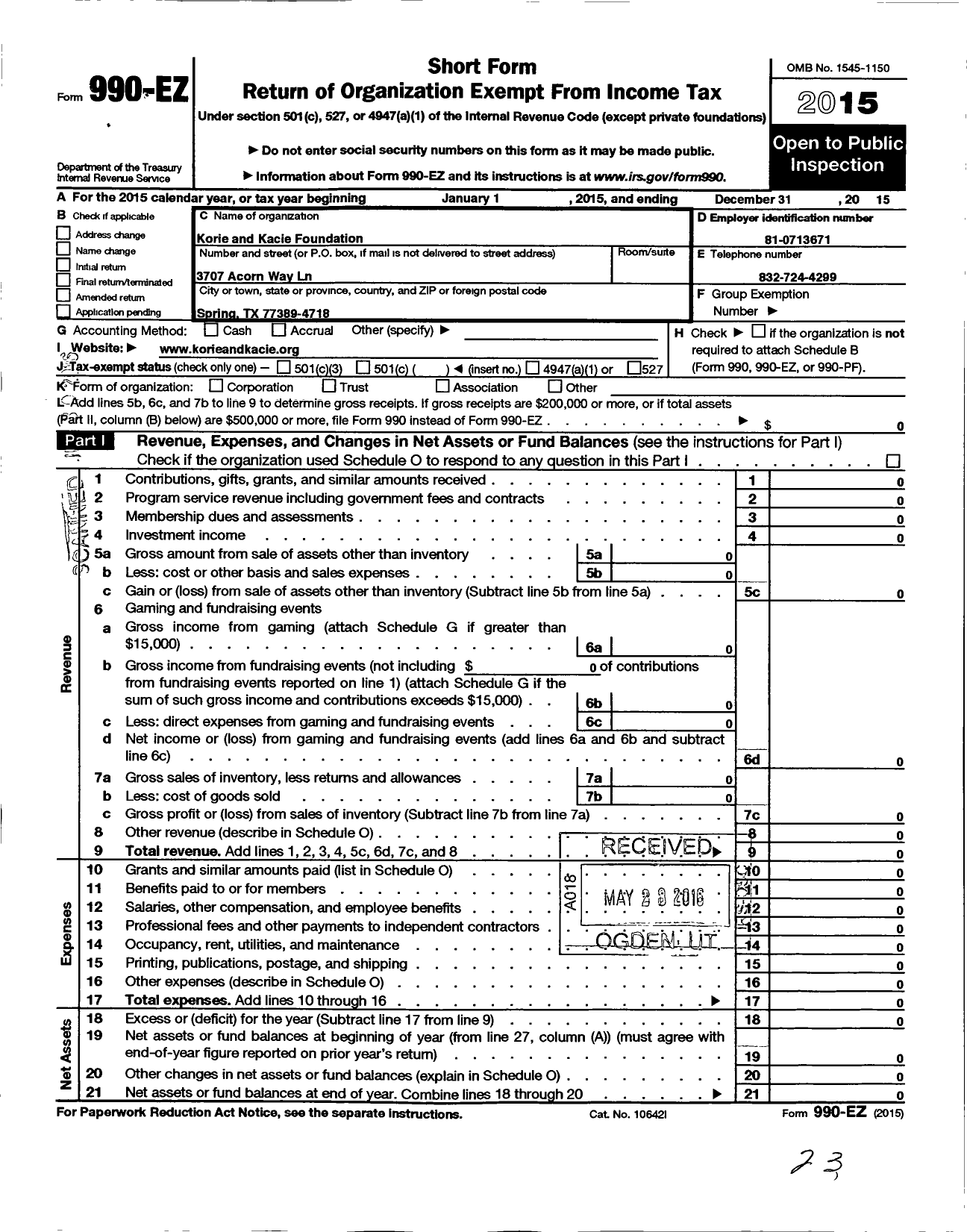 Image of first page of 2015 Form 990EO for Korie and Kacie Foundation