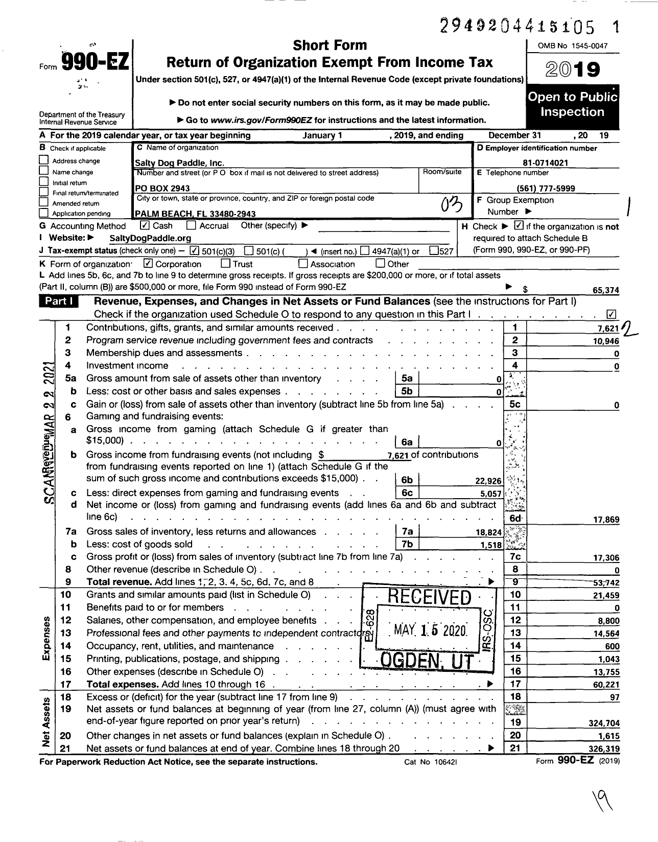 Image of first page of 2019 Form 990EZ for Salty Dog Paddle