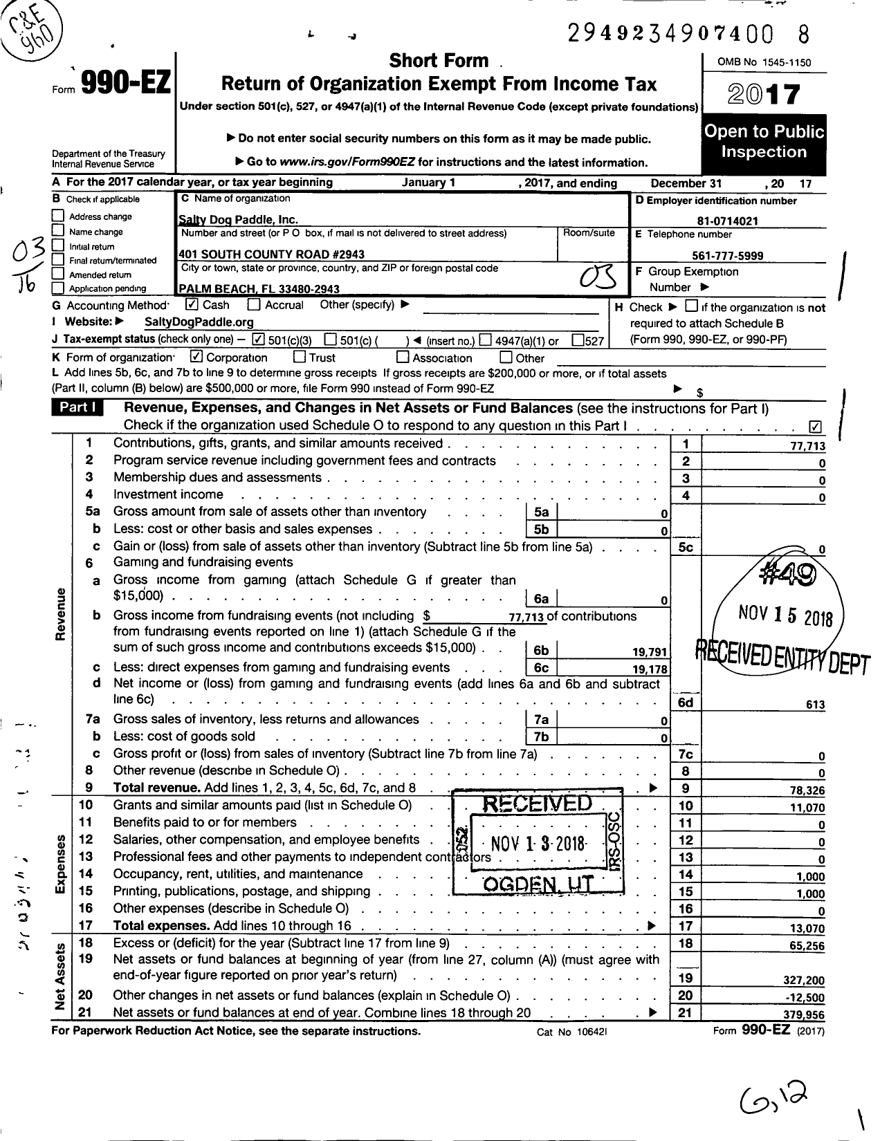 Image of first page of 2017 Form 990EZ for Salty Dog Paddle