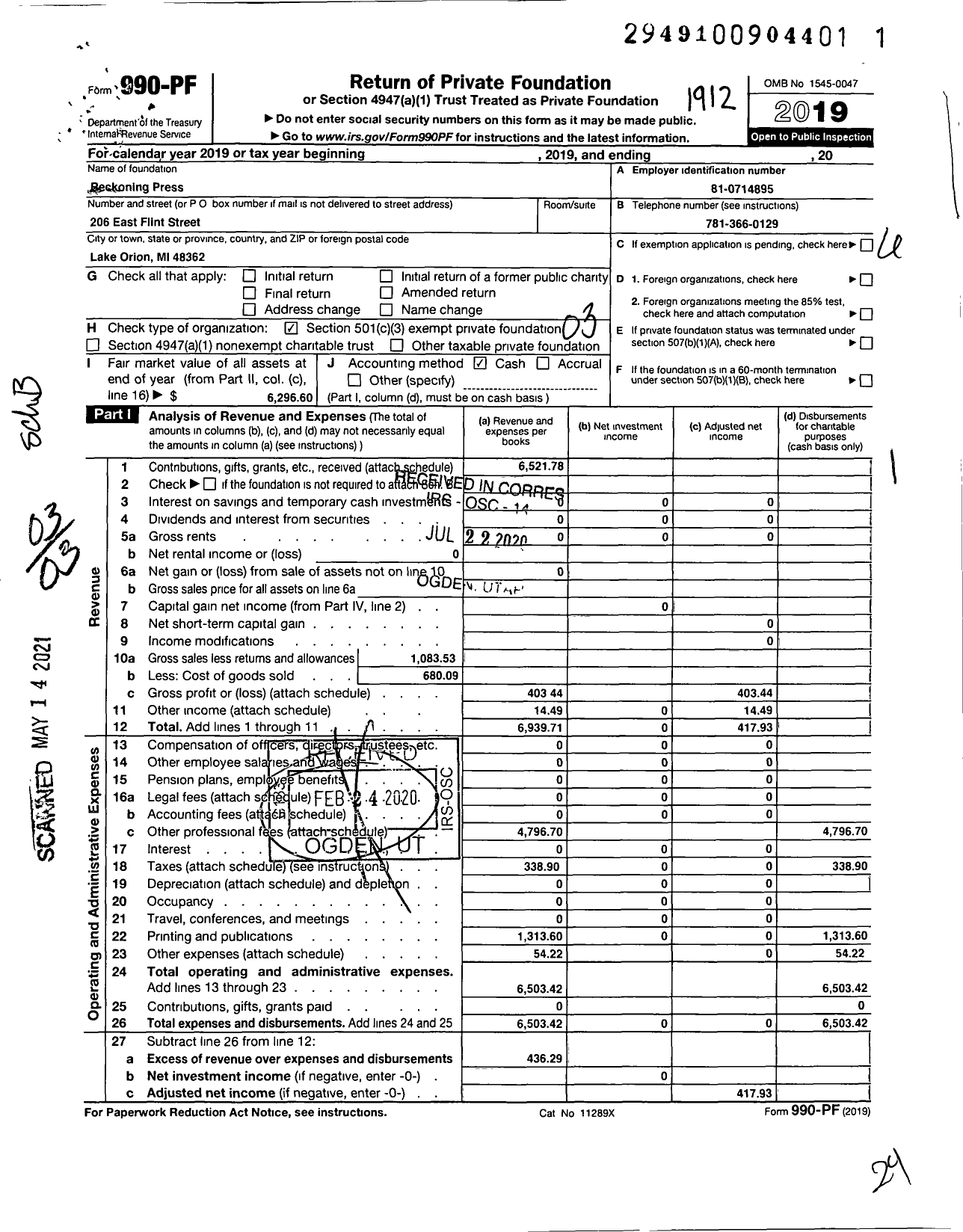 Image of first page of 2019 Form 990PF for Reckoning Press