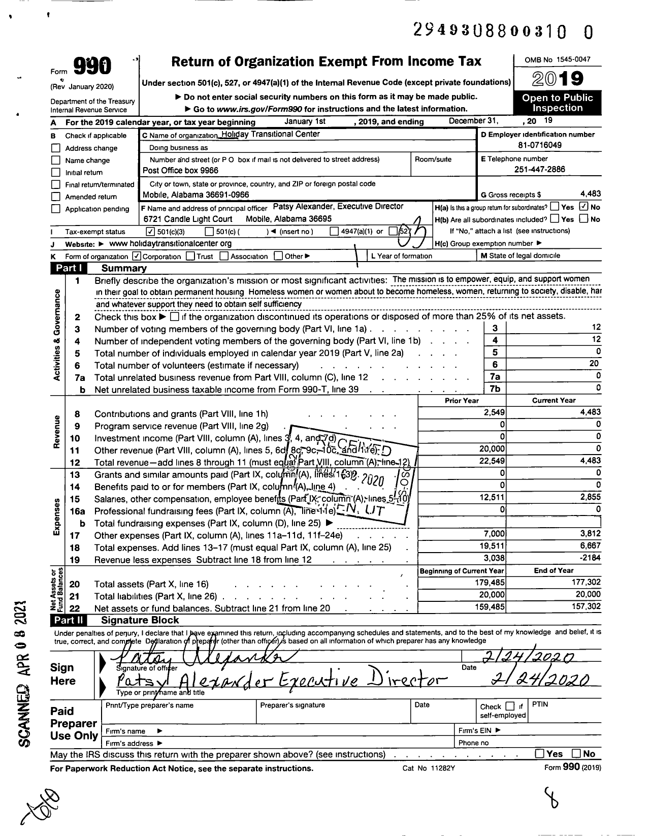 Image of first page of 2019 Form 990 for Holiday Transitional Center