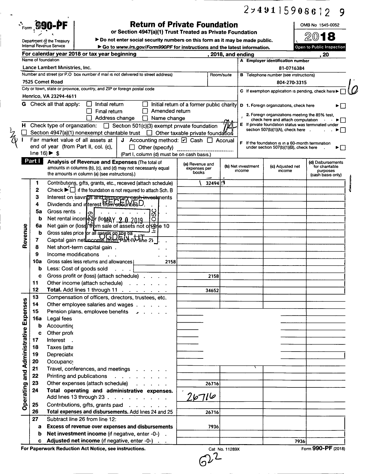 Image of first page of 2018 Form 990PF for Lance Lambert Ministries