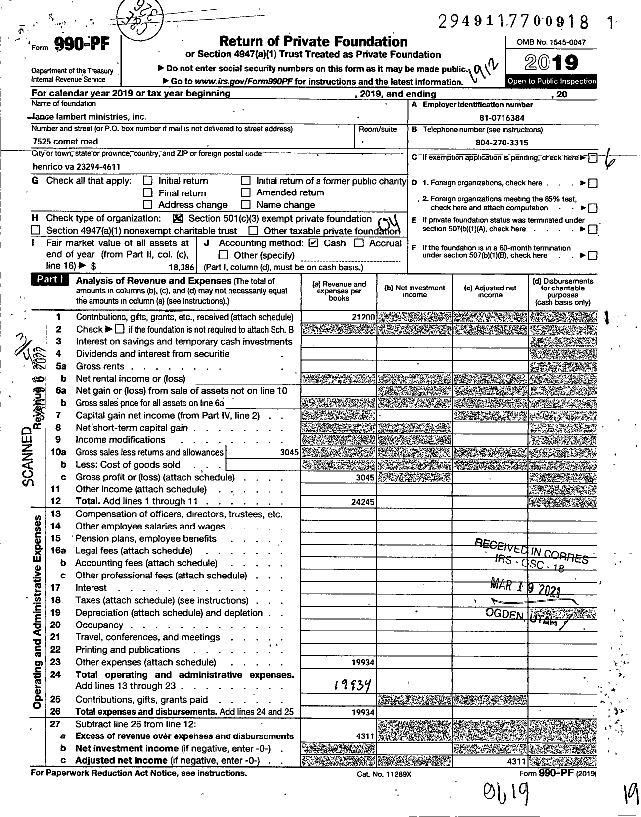 Image of first page of 2019 Form 990PF for Lance Lambert Ministries