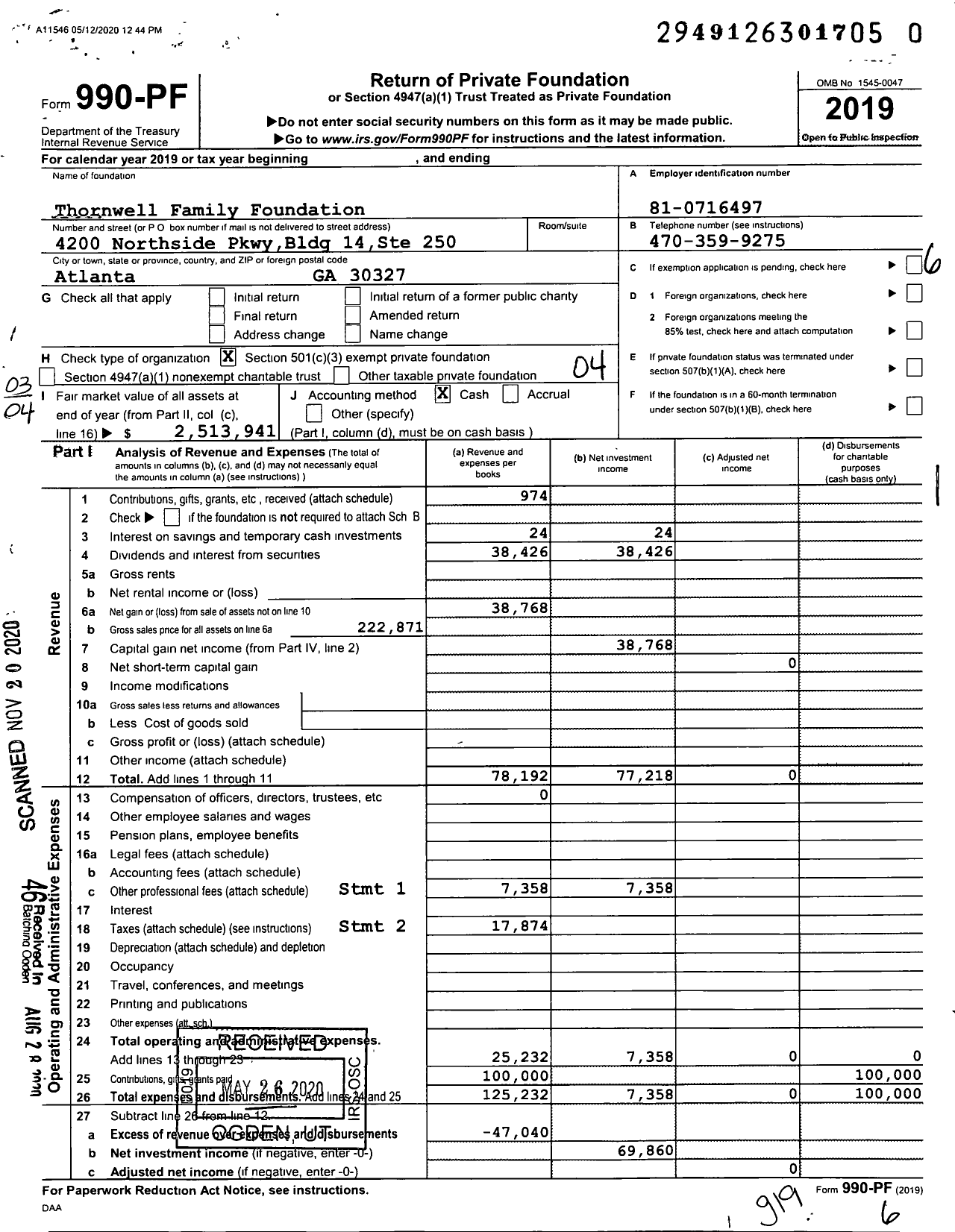 Image of first page of 2019 Form 990PF for Thornwell Family Foundation